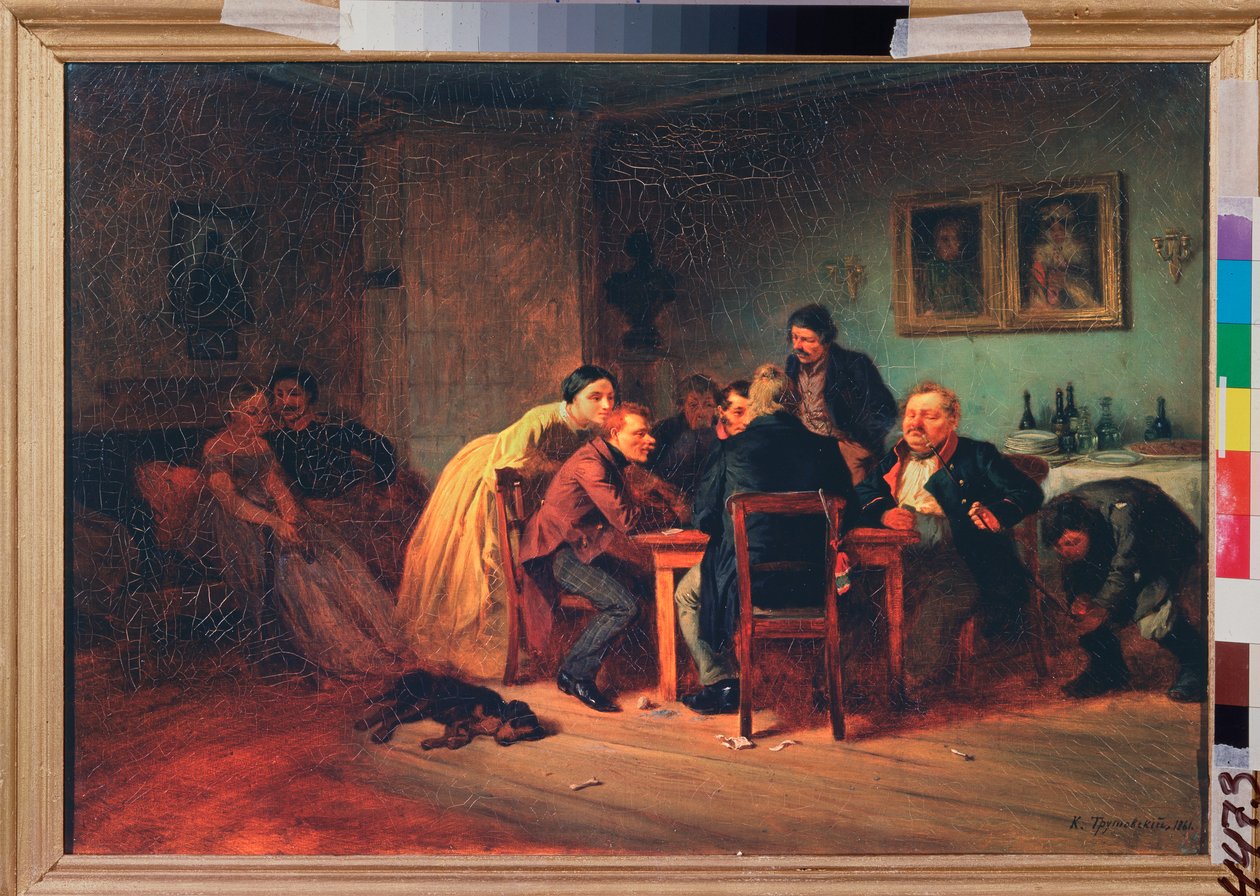 Kortspill - Sen kveld i et borgerlig interiør - Maleri av Konstantin Alexandrovich Trutovsky (Troutovsky) (1826-1893), olje på lerret av Konstantin Alexandrovich Trutovsky