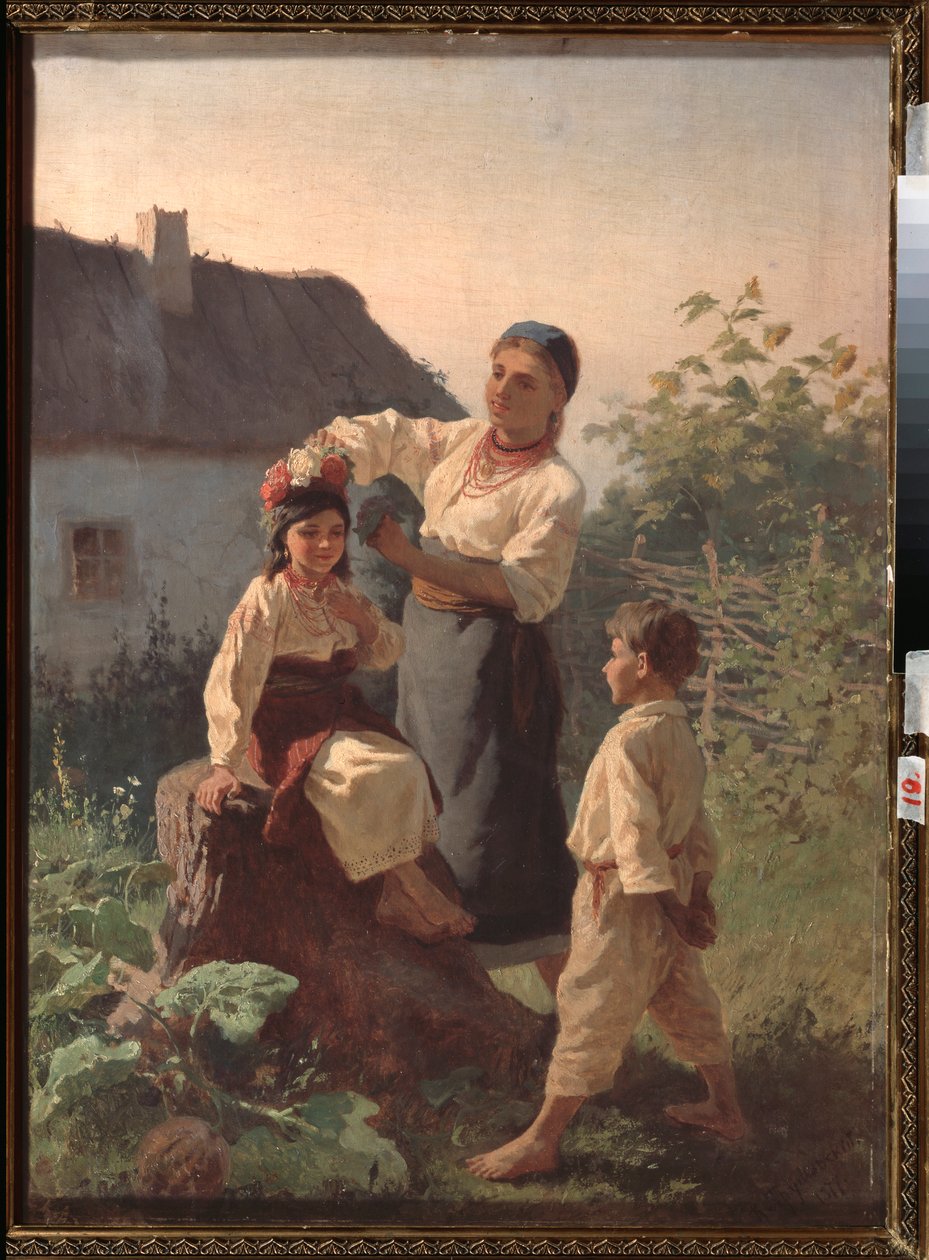 Binding a Garland - Maleri av Konstantin Alexandrovich Trutovsky (Troutovsky) (1826-1893), olje på lerret av Konstantin Alexandrovich Trutovsky