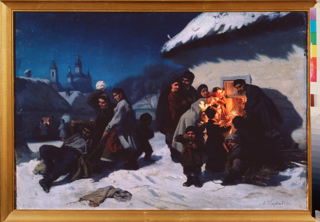 Le cantique de Noel en Ukraine (Julesangen i Ukraina) - Maleri av Konstantin Alexandrovich Trutovsky (Troutovsky) (1826-1893), olje på lerret av Konstantin Alexandrovich Trutovsky