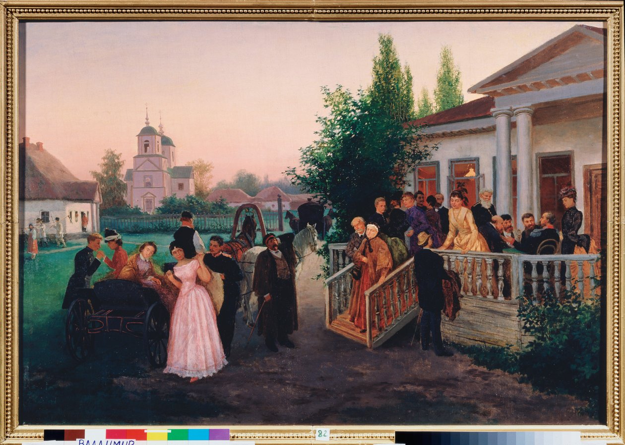 Besøkendes avgang - Maleri av Konstantin Alexandrovich Trutovsky (Troutovsky) (1826-1893), olje på lerret av Konstantin Alexandrovich Trutovsky