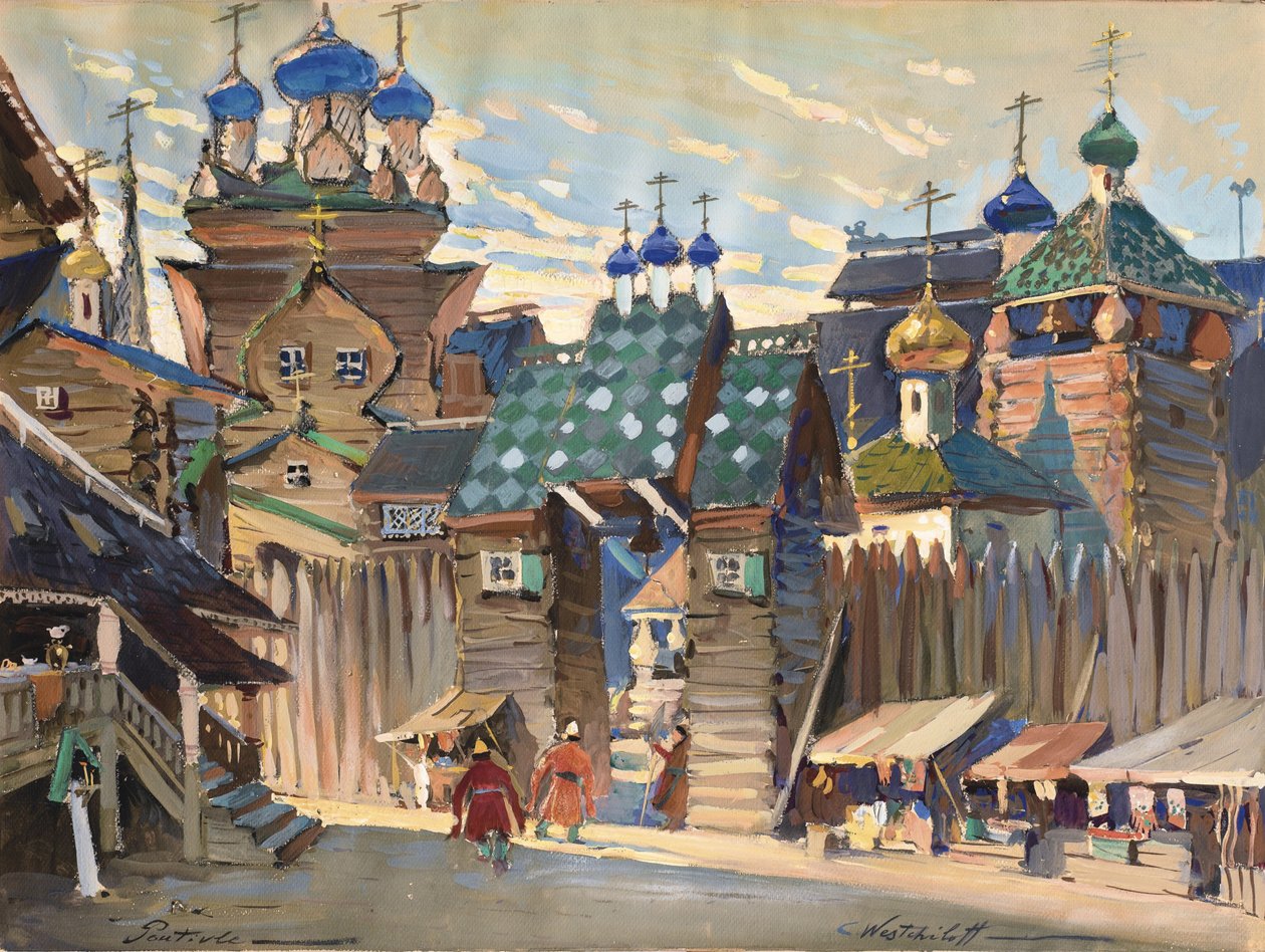 Markedsplass. Scenografi for operaen Prince Igor av A. Borodin av Konstantin Alexandrovich Veshchilov