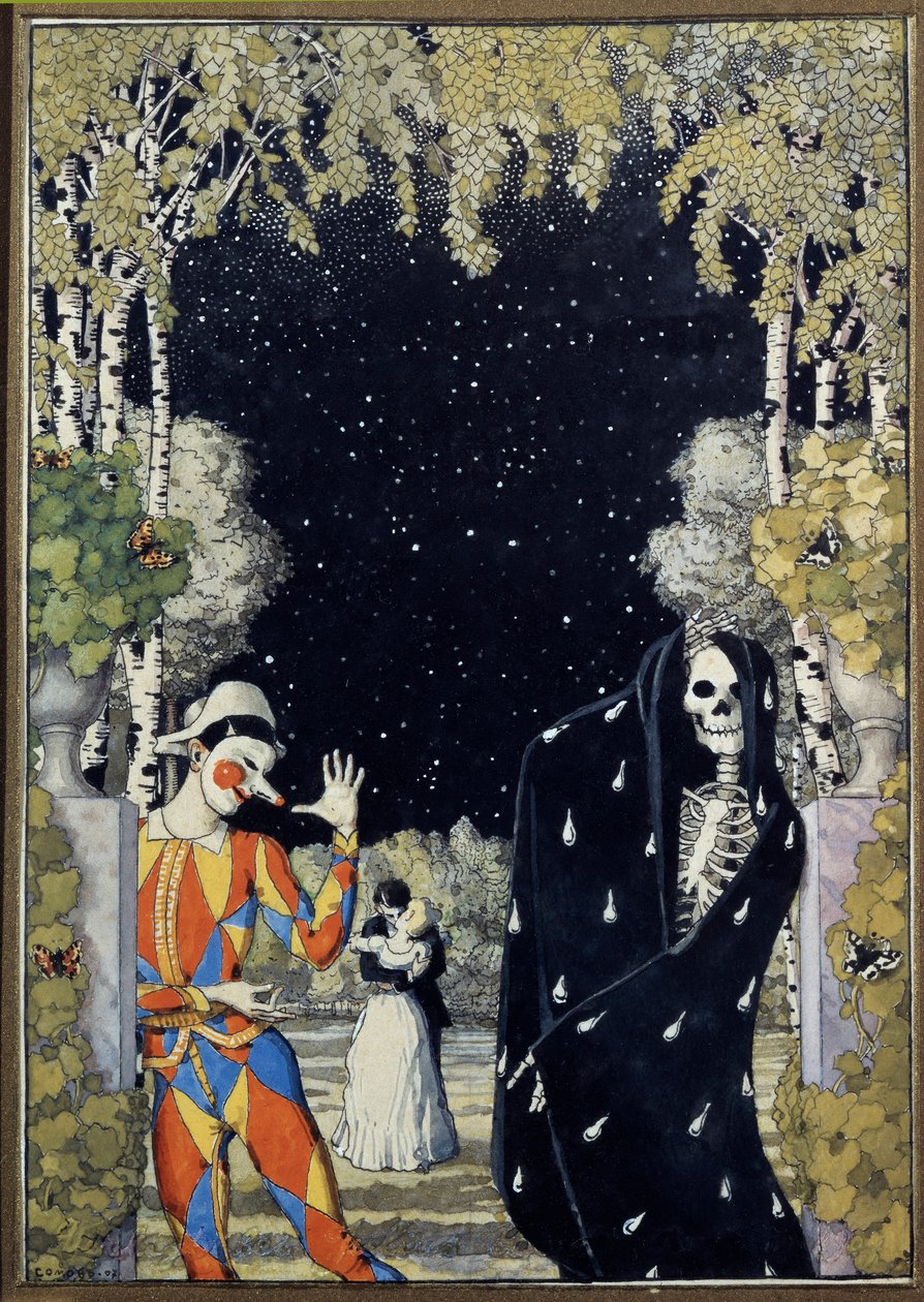 Harlequin and Death (Harlequin and Death) - Verk av Konstantin Andreyevich Somov (1869-1939), akvarell og gouache på papir av Konstantin Andreevic Somov