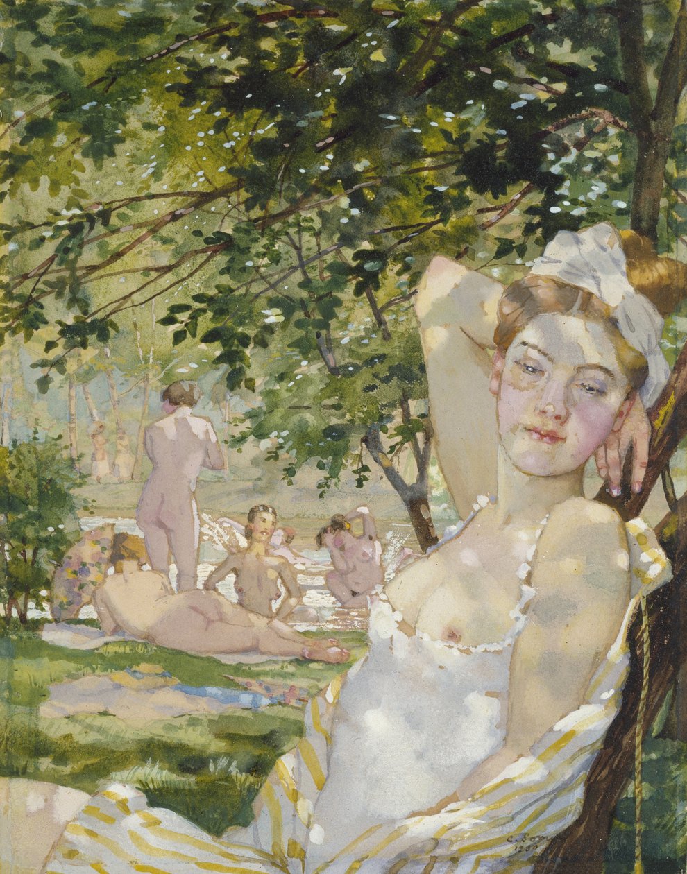 Badende i solen, 1930 (akvarell og kroppsfarge på papir) av Konstantin Andreevic Somov