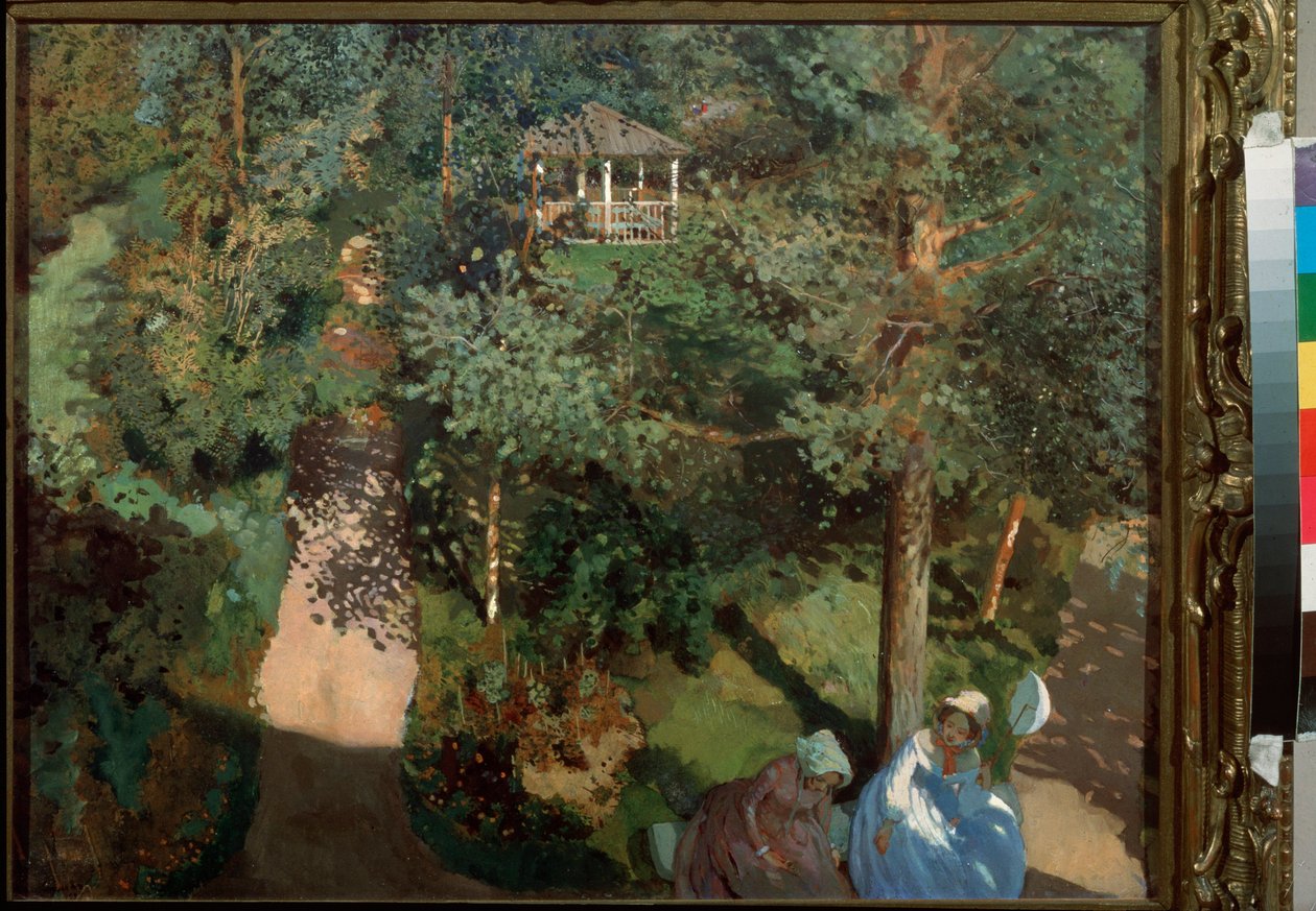 Betroelser. (To kvinner på en benk, i en park med trær.) Maleri av Konstantin (Constantin) Andreyevich Somov (1869-1939), olje på papp av Konstantin Andreevic Somov