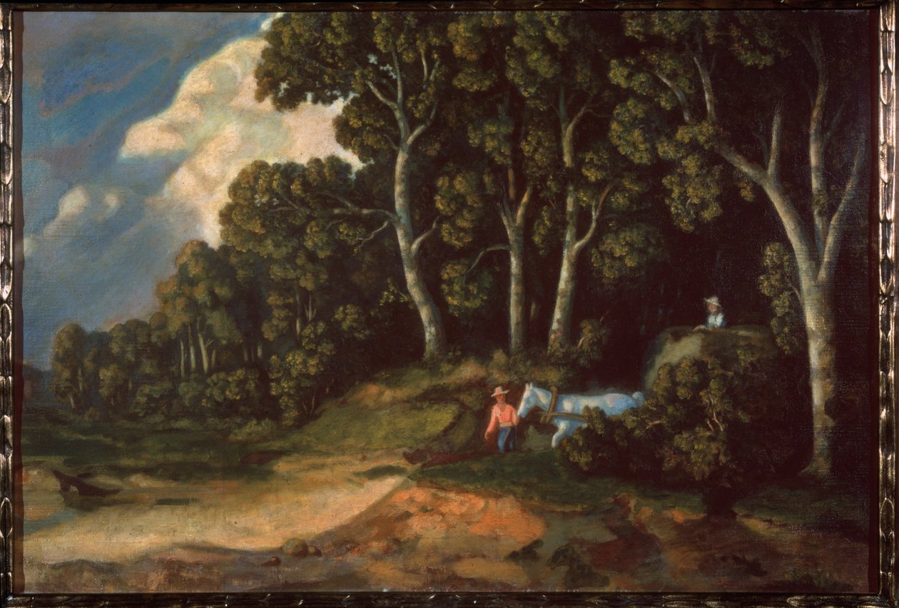 I en skog. (Bønder som leder en høyvogn kommer ut av skogsstien) Maleri av Konstantin (Constantin) Andreyevich Somov (1869-1939), olje på lerret. russisk kunst av Konstantin Andreevic Somov