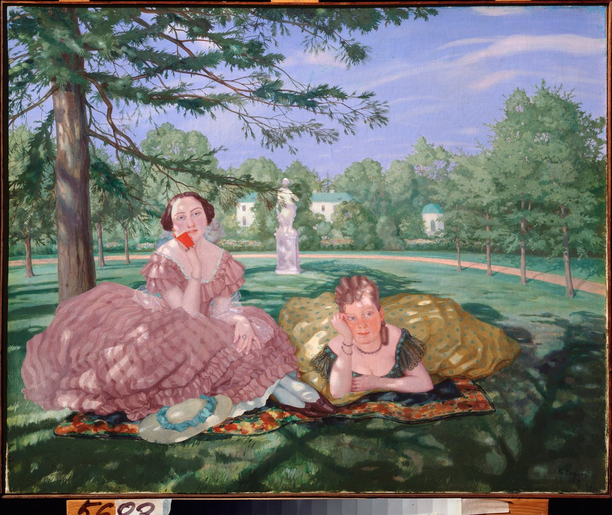 Two Ladies in a Park - Maleri av Konstantin (Constantin) Andreyevich Somov (1869-1939), olje på lerret av Konstantin Andreevic Somov