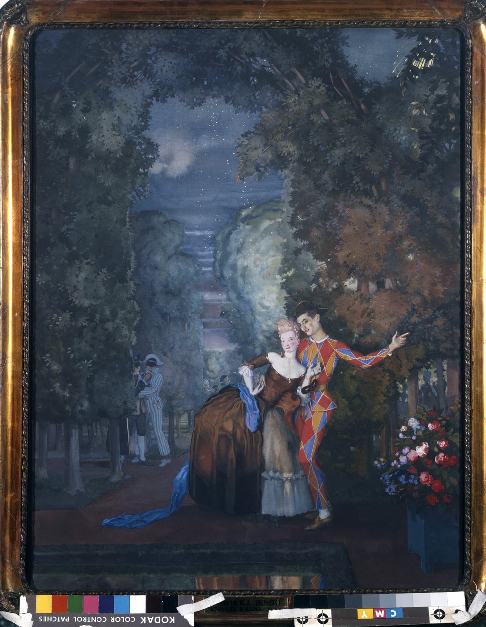 Harlequin and a Lady, 1912 (wc und gouache på papp) av Konstantin Andreevic Somov