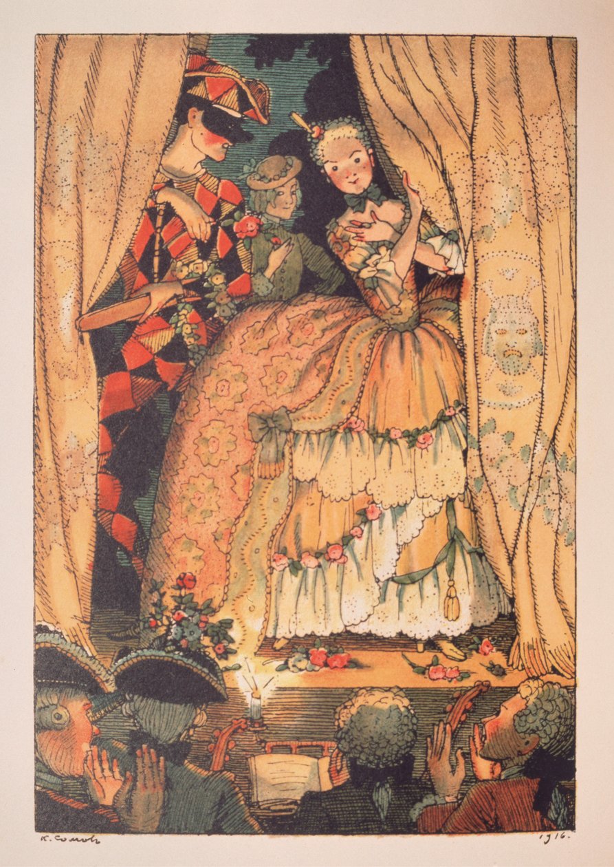 Illustrasjon for ""Le Livre de la Marquise"" av Franz Blei (Illustrasjon til Marquiseboken av Franz Blei) (en markis hever et teatersceneteppe, med Harlekin ved sin side) - Verk av Konstantin (Constantin) Andreyevich Somov ( 1869-19 av Konstantin Andreevic Somov