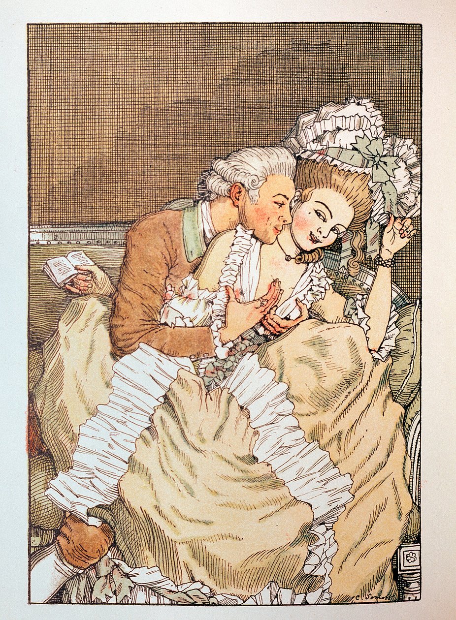 Illustrasjon for ""Le Livre de la Marquise"" av Franz Blei (Illustrasjon til Marquiseboken av Franz Blei) (en marchjoninne som småprater med en utålmodig elsker) - Verk av Konstantin (Constantin) Andreyevich Somov (1869-1939), etsning av Konstantin Andreevic Somov