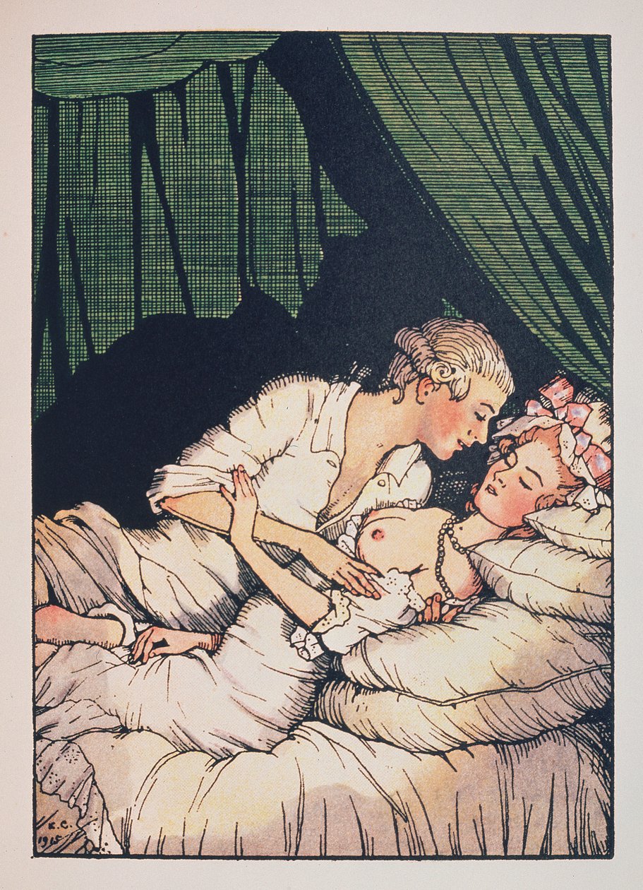 Illustrasjon for ""Le Livre de la Marquise"" av Franz Blei (Illustrasjon til Marquiseboken av Franz Blei) (en markis, toppløs, liggende i sengen med elskeren sin) - Verk av Konstantin (Constantin) Andreyevich Somov (1869- 1939), etsning av Konstantin Andreevic Somov