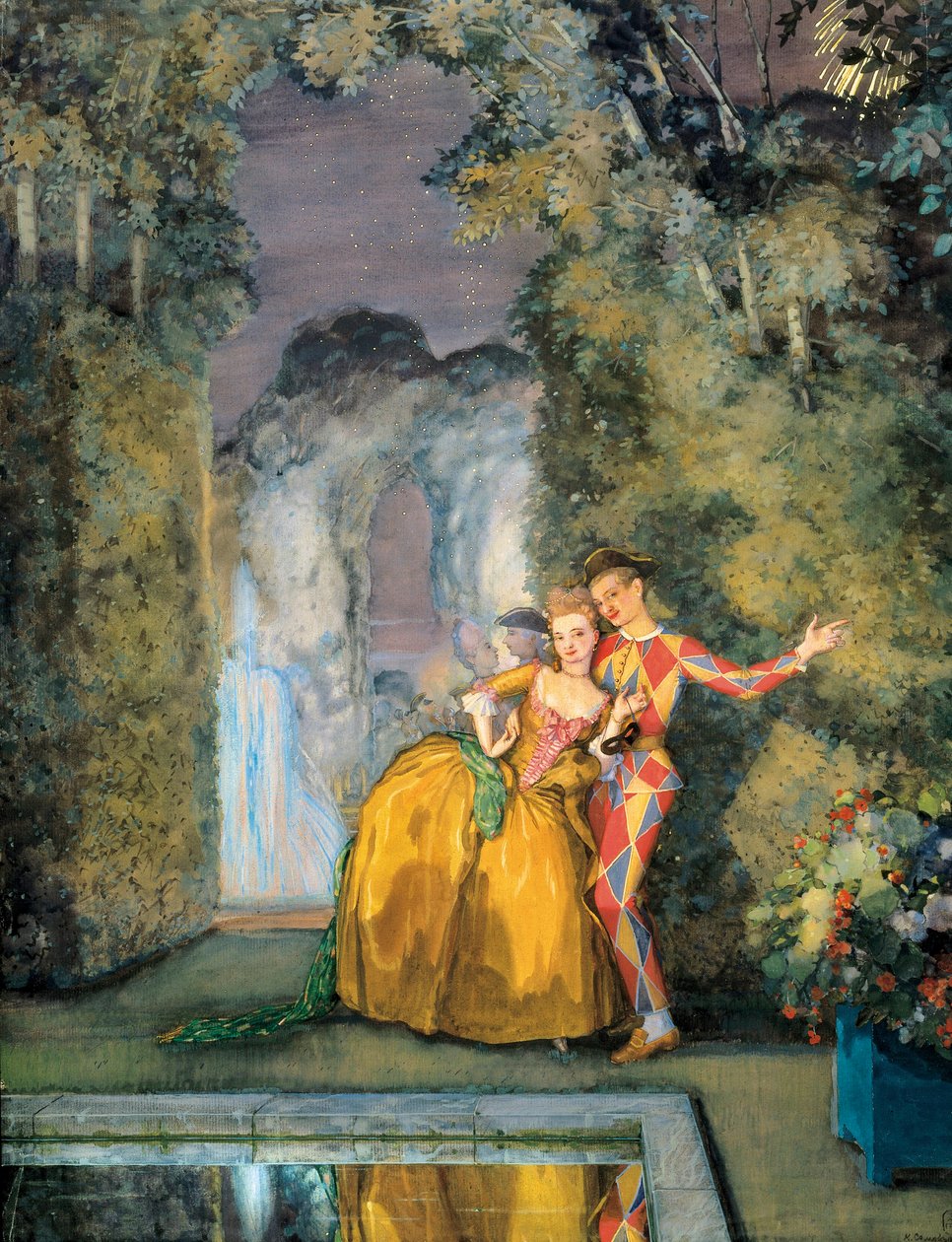 Hushjelp med harlekin, ca. 1900 (akvarell) av Konstantin Andreevic Somov