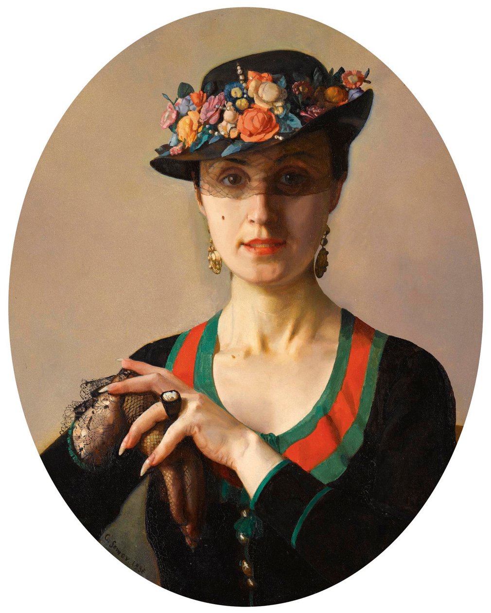 ""Portrait of a Lady" (Portrait of a Lady) Hun har på seg en blomstret lue med slør Maleri av Konstantin Somov (1869-1939) av Konstantin Andreevic Somov