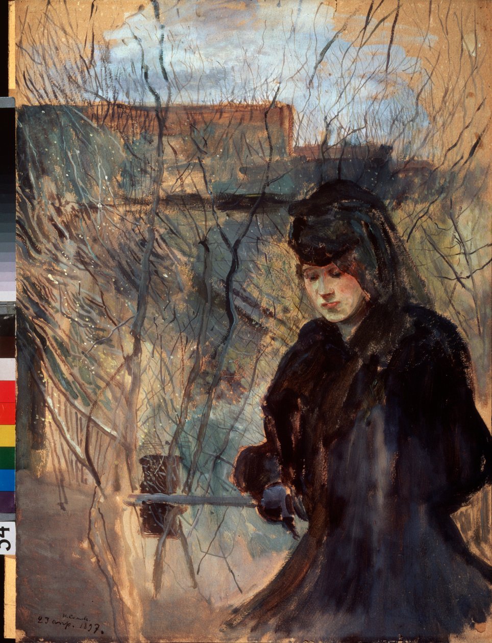 Printemps (Vår) (En kvinne kledd i svart, ser melankolsk ut og ser ned, lener seg på en tynn barriere) - Verk av Konstantin (Constantin) Andreyevich Somov (1869-1939), akvarell og gouache på papp av Konstantin Andreevic Somov