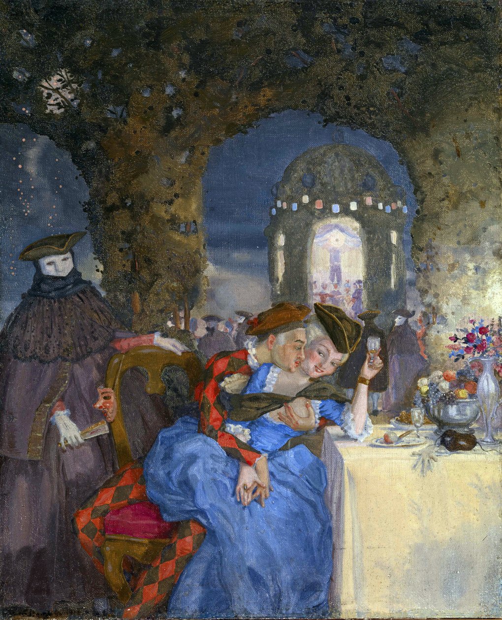 ""Rendez-vous"" Et par småprater på en sommerfest, under blikket til maskerte karakterer Maleri av Konstantin Somov (1869-1939) - ca. 1918 - Olje på lerret Dim 27x22 cm Privat samling av Konstantin Andreevic Somov