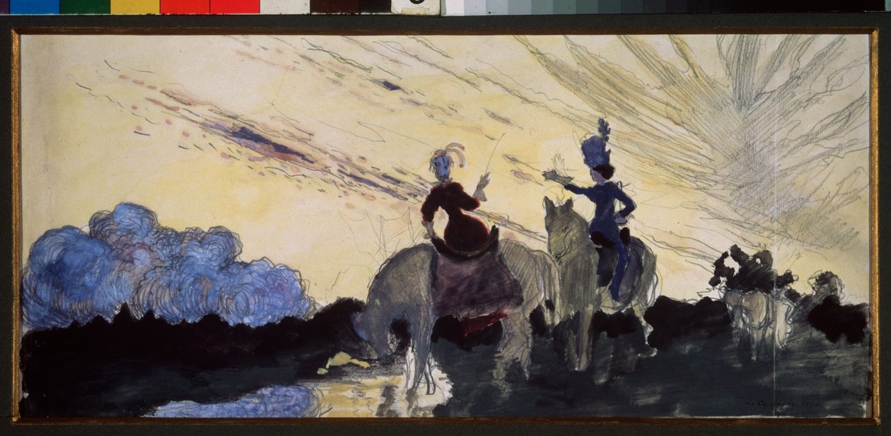 En spasertur. (To ryttere observerer himmelen og landskapet). Verk av Konstantin (Constantin) Andreyevich Somov (1869-1939), blyant og gouache på papir av Konstantin Andreevic Somov