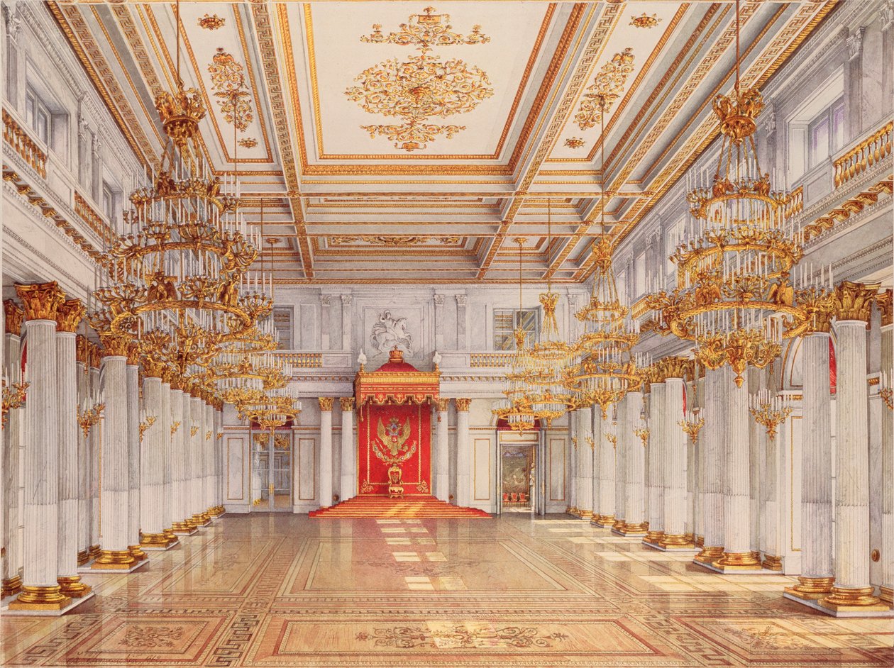 George Hall, Great Throne Hall, i vinterpalasset i St Petersburg - Verk av Konstantin Andreyevich Ukhtomsky (Constantin Oukhtomsky) (1818-1881), akvarell på pa av Konstantin Andreyevich Ukhtomsky