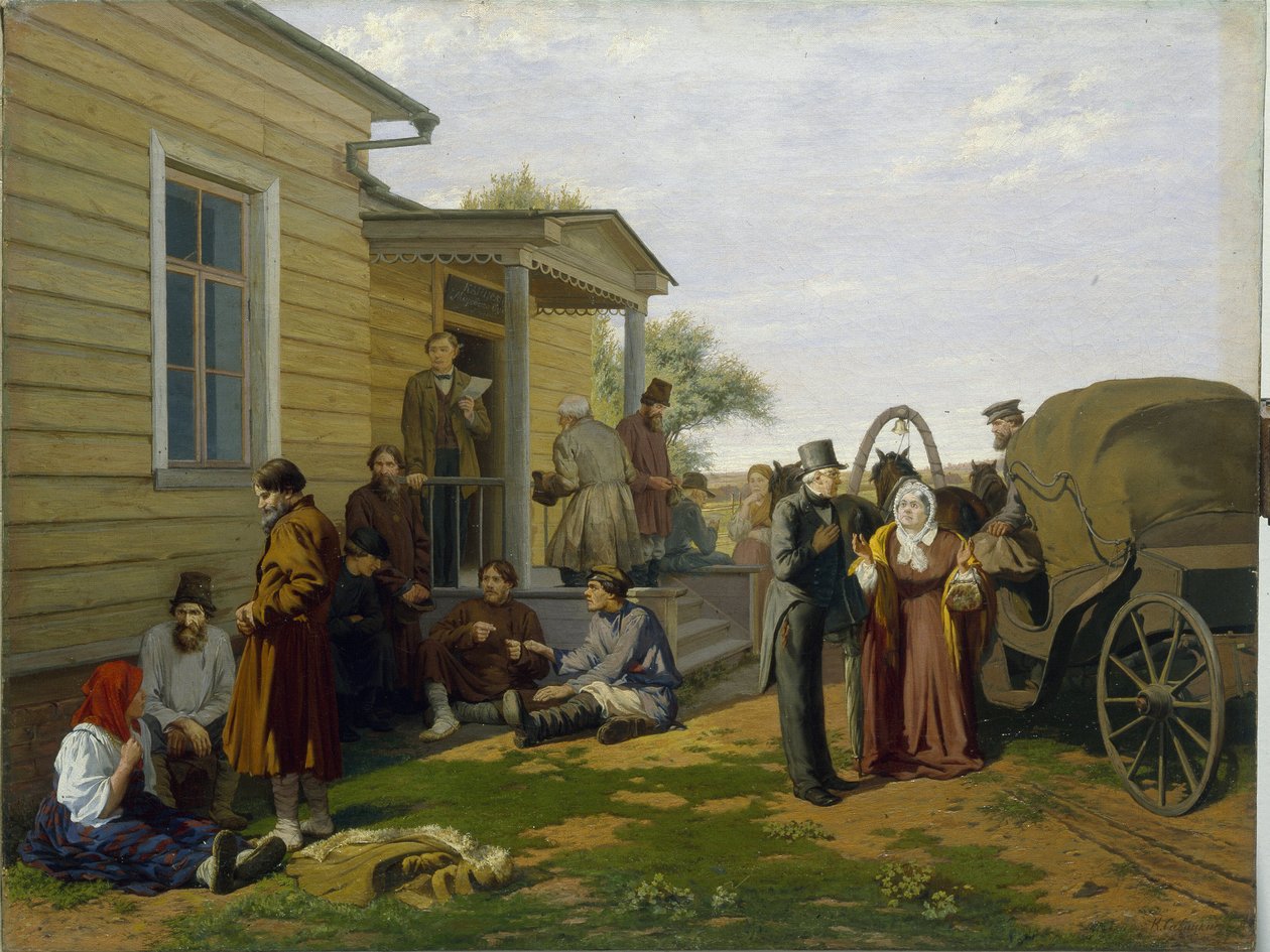 Fredsdommeren. Bygging av domstolen på den russiske landsbygda, bønder venter mens de prater, advokater er opptatt. Maleri av Konstantin Apollonovich Savitsky (1844-1905), olje på lerret. Russisk kunst fra 1800-tallet. Regi av Konstantin Apollonovich Savitsky