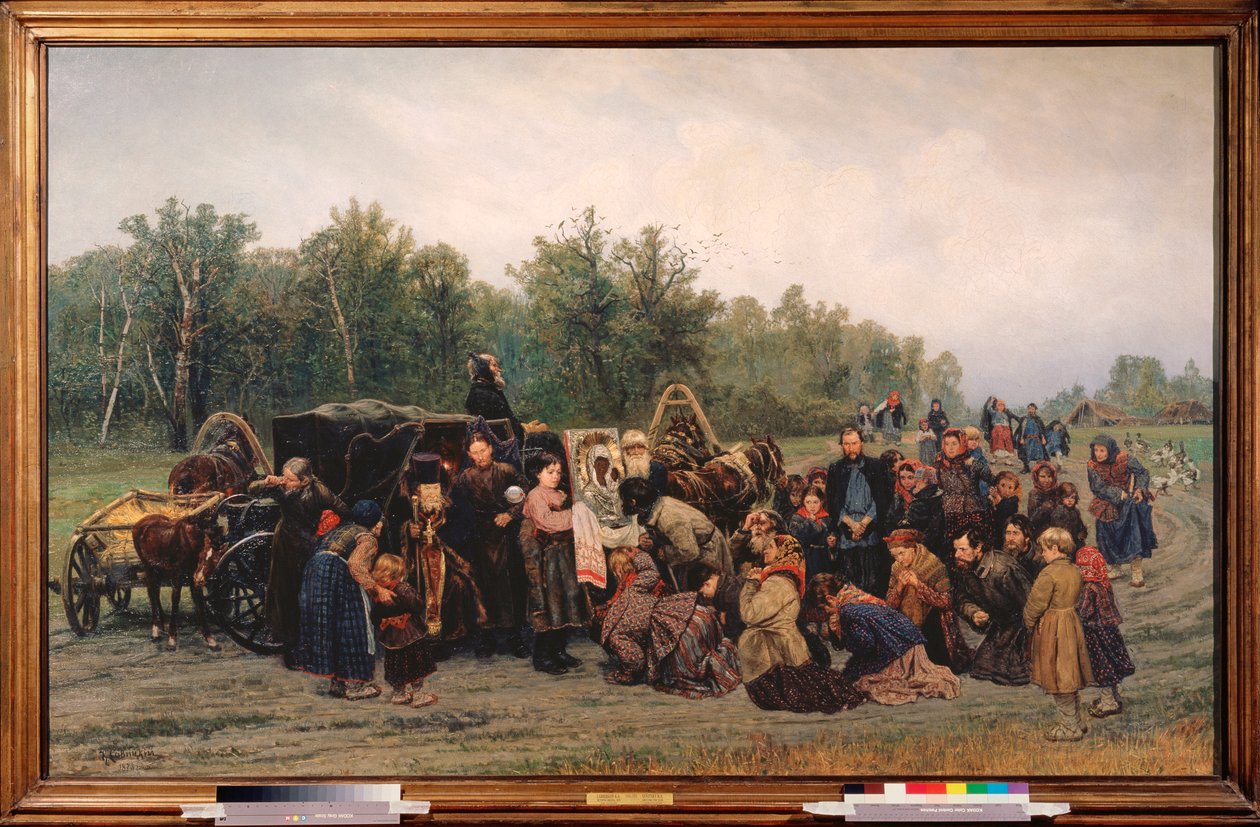 Ankomst av et ikon (På en landevei løper landsbyboere for å se og kneler foran maleriet, brakt av en ortodoks prest) - Maleri av Konstantin Apollonovich Savitsky (1844-1905), olje på lerret av Konstantin Apollonovich Savitsky