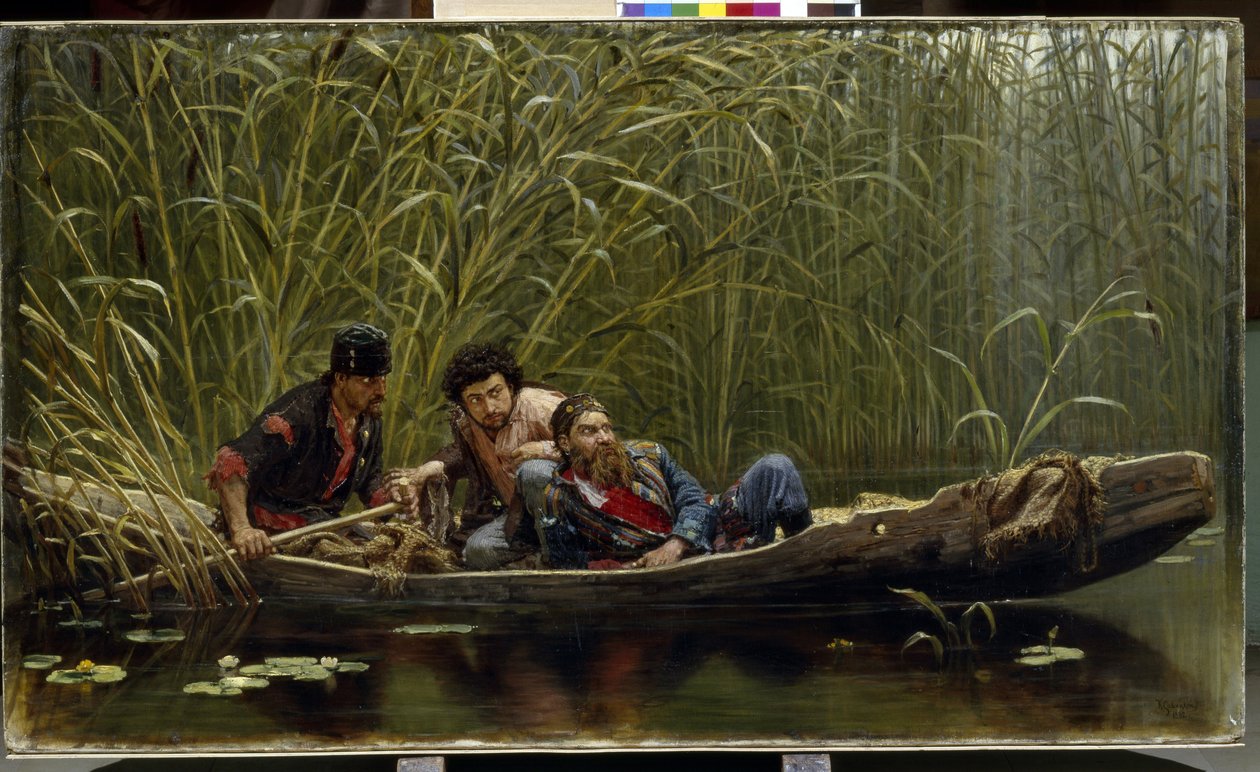 The seedy Men. Beskrivelse av tre smuglere, kriminelle diskret på utkikk i en båt kamuflert mellom sivet. Maleri av Konstantin Apollonovich Savitsky (1844-1905), olje på lerret av Konstantin Apollonovich Savitsky