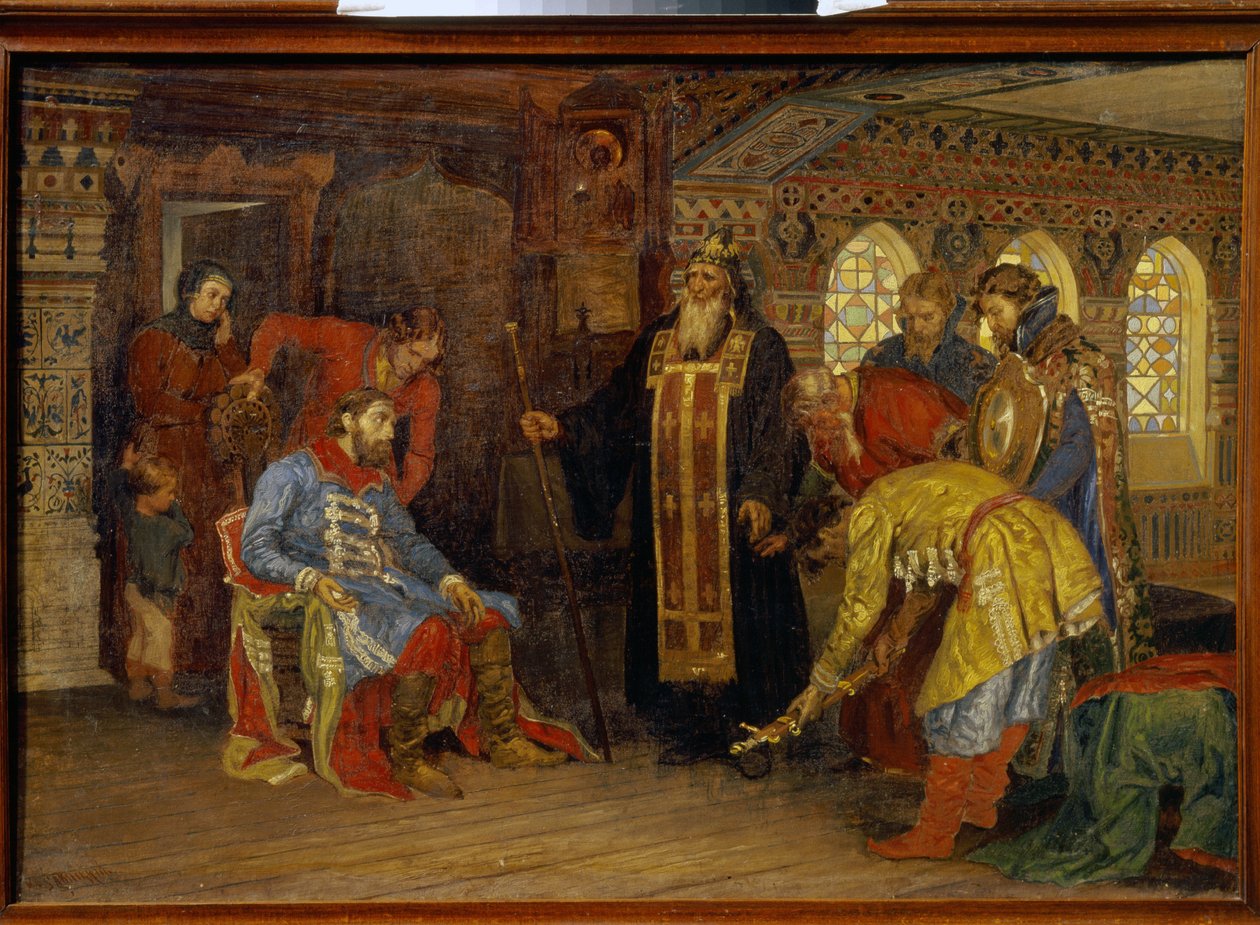 Invitasjonen fra prins Dmitrij Pozharsky (1577-1642) til å kommandere hærene for frigjøringen av Moskva. (Invitasjonen fra prinsen Pozharsky til å herske over hærer for frigjøringen av Moskva). Etter å ha mottatt Irenarchus av Rostovs velsignelse, Prince av Konstantin Apollonovich Savitsky