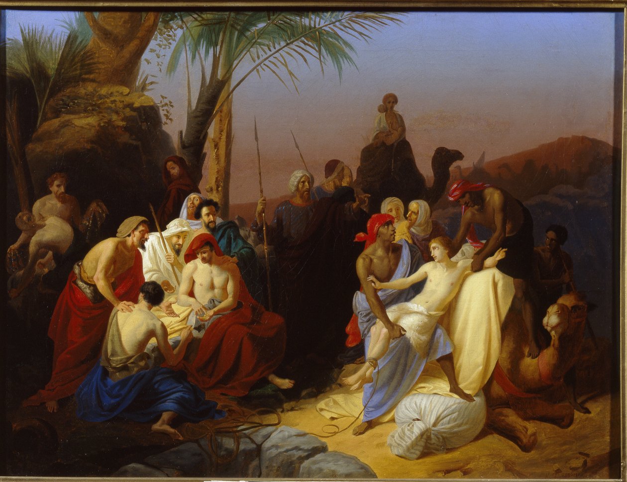 Salget av Joseph. (Episode fra 1. Mosebok, da Josef blir solgt av brødrene sine til slavehandlere. Maleri av Konstantin Dmitrievich Flavitsky (1830-1866), olje på lerret av Konstantin Dmitrievich Flavitsky