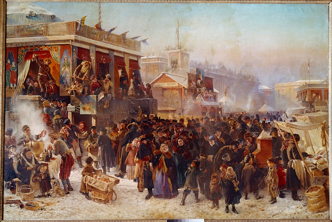Balladins på Admiraut Square i St. Petersburg Street Theatre Show. Maleri av Constantine Makovsky (Makovsky) (1839-1915) (ec.rus.) 1869 Moskva, Tretyakov Gallery av Konstantin Egorovich Makovsky
