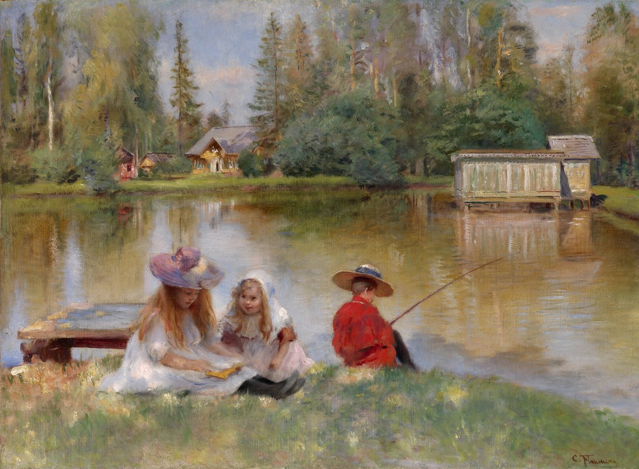 Barn ved innsjøen - Makovsky, Konstantin Yegorovich av Konstantin Egorovich Makovsky