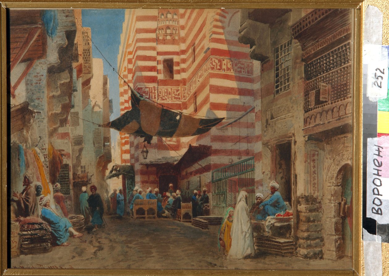 I gatene i Kairo (Egypt). Kunstverk av Konstantin Yegorovich Makovsky (Constantin Makovsky) (1839-1915), kunstverk på papir av Konstantin Egorovich Makovsky