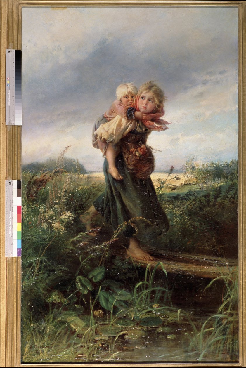 Barn flykter fra tordenvær. Maleri av Konstantin Yegorovich Makovsky (Constantin Makovsky) (1839-1915), olje på lerret av Konstantin Egorovich Makovsky