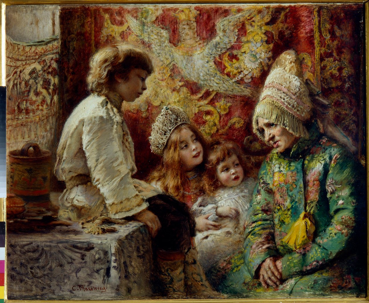 Bestemor med barn (bestemors eventyr) - Makovsky, Konstantin Yegorovich (1839-1915) - 1882 - Olje på tre - Statens friluftsmuseum Pavlovsk-palasset, St. Petersburg av Konstantin Egorovich Makovsky