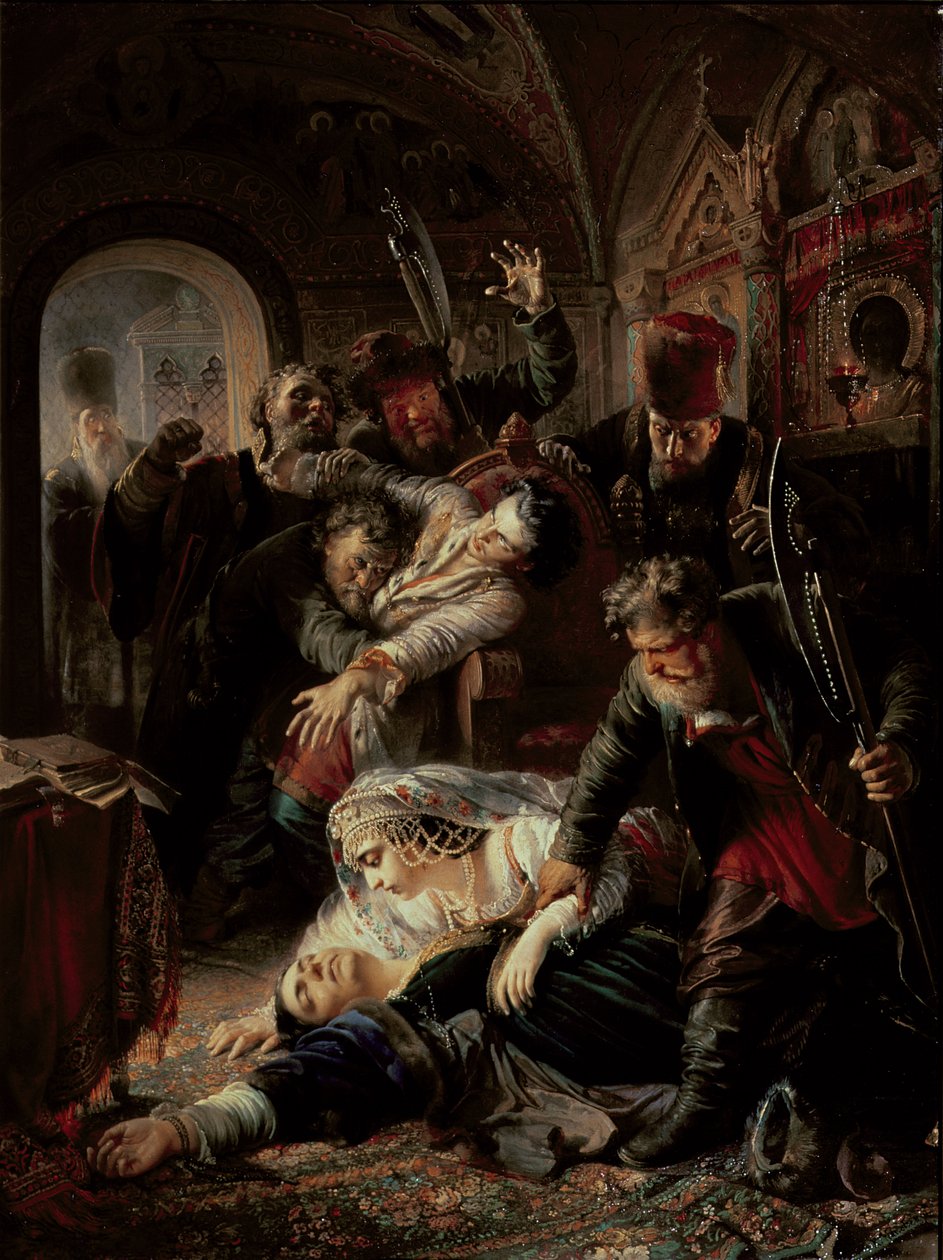 Innleide leiemordere som dreper tsar Boris Fyodorovich Godunov-sønn av Konstantin Egorovich Makovsky