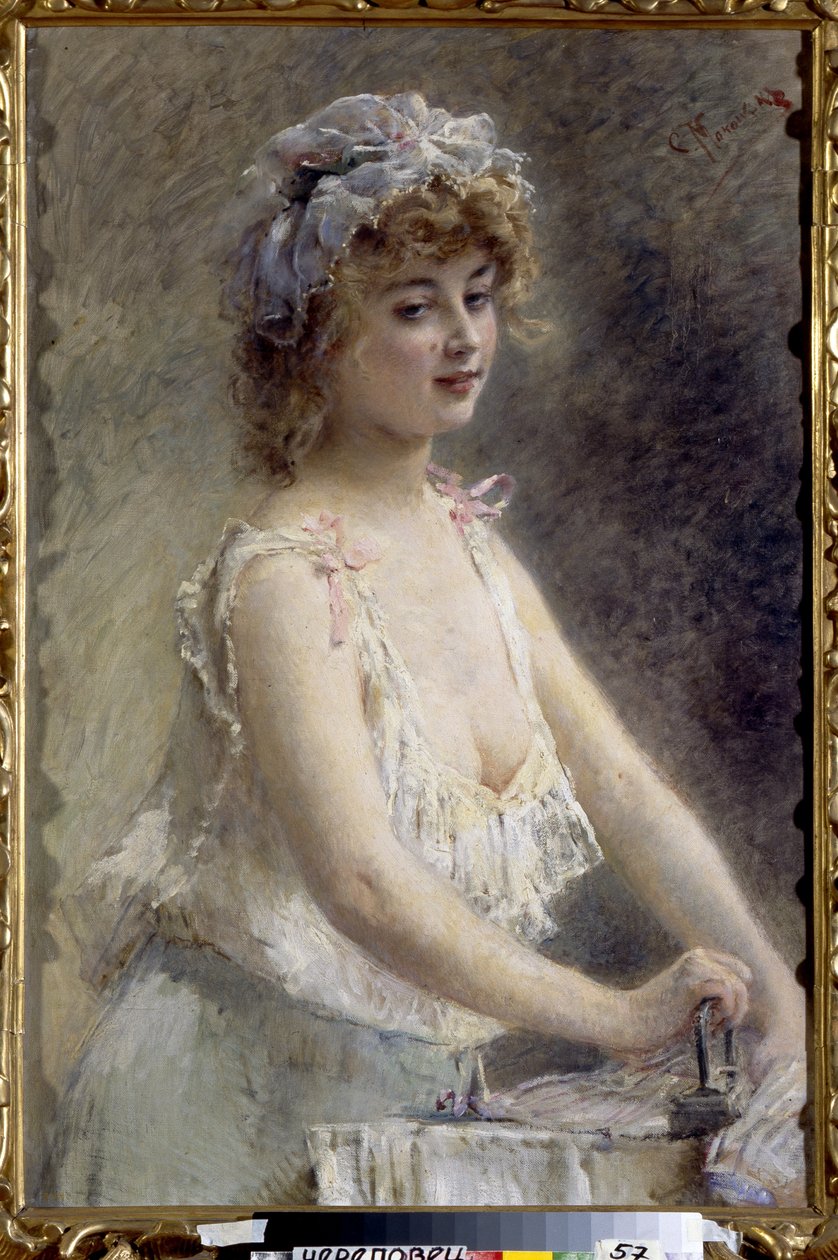 Strykejernet. (Kvinne stryker). Ung kvinne i undertøy, ikledd negligé og blondedrink, utfører en huslig oppgave. Maleri av Konstantin Yegorovich Makovsky (Constantin Makovsky) (1839-1915), olje på lerret, ca 1880. Art r av Konstantin Egorovich Makovsky