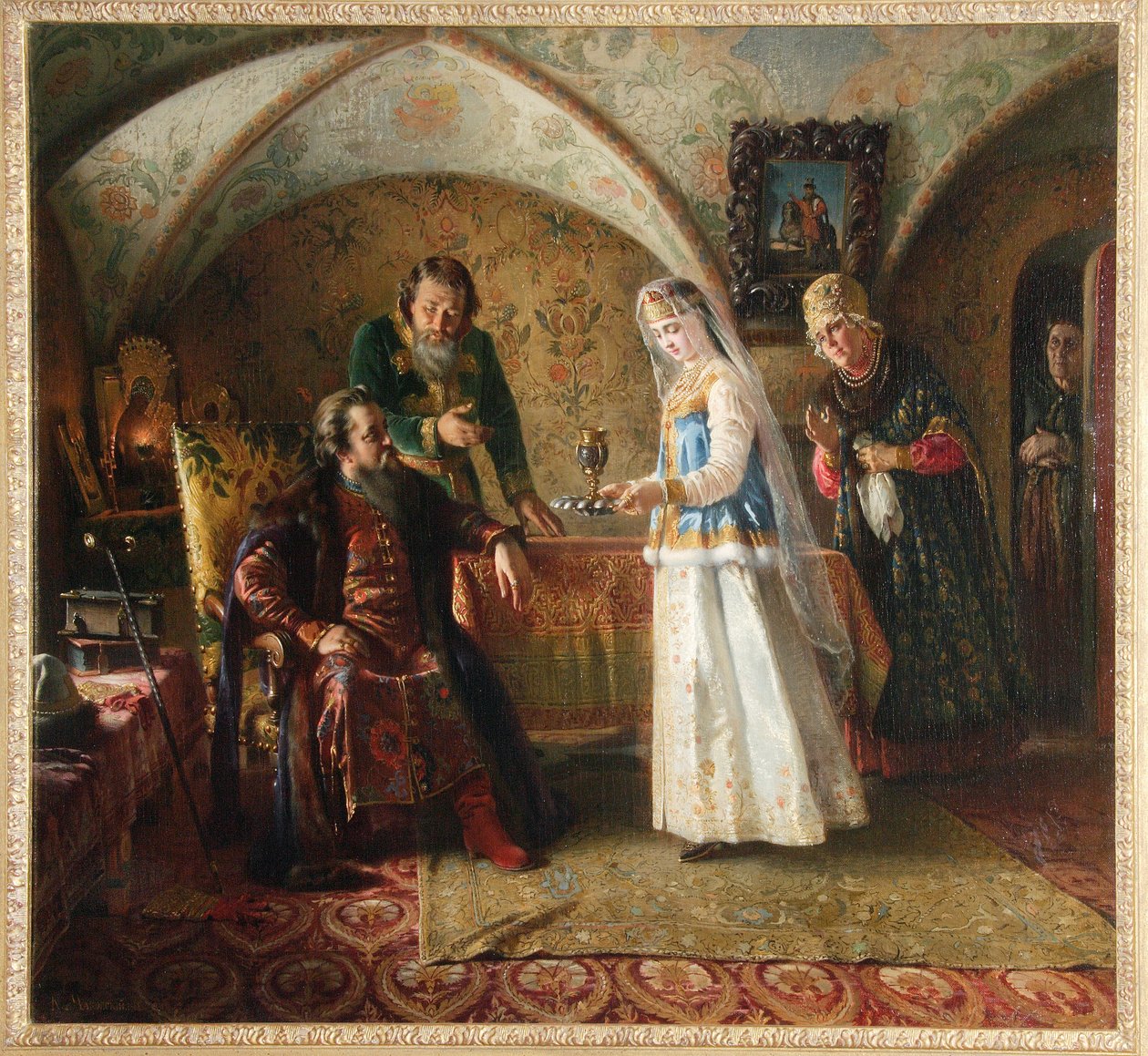 Daglig liv i en russisk Boyar (brett, boiar) på 1600-tallet. (Fra The Everyday Life Of The Russian Boyar In The 17th Century). I en domostroy av storhertugdømmet Moskva blir en ung kvinne iført brudekjole presentert for mannen sin. Hun av Konstantin Egorovich Makovsky