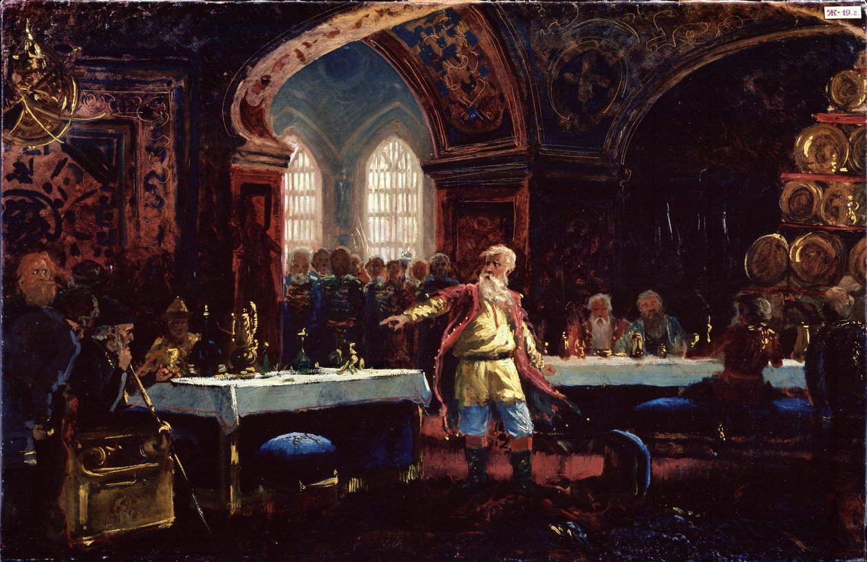 Grev Michael Repnin (?) på festen til Ivan den grusomme (1530-1584). (Grev Mikhail Repnin ved Ivan The Terrible Feast). Repnin, som står i midten av de dekkede bordene, fordømmer tsarens politikk. Maleri av Konstantin Yegorovich Makovsky (Constantin Mak av Konstantin Egorovich Makovsky