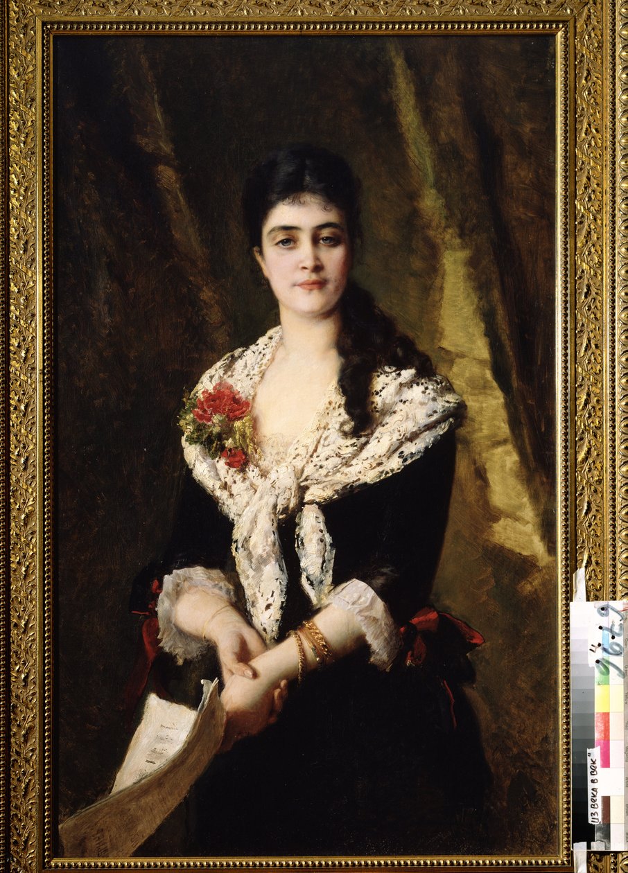 Portrett av sangeren A. Panaeva Kartseva, for rollen som Tatyana i operaen Eugene Oneguine av Piotr Tchaikovsky. (Portrett av sangeren A. Panaeva Kartseva som Tatyana i operaen Eugene Onegin av P. Tsjaikovskij). Maleri av Konstantin Yegorovic av Konstantin Egorovich Makovsky
