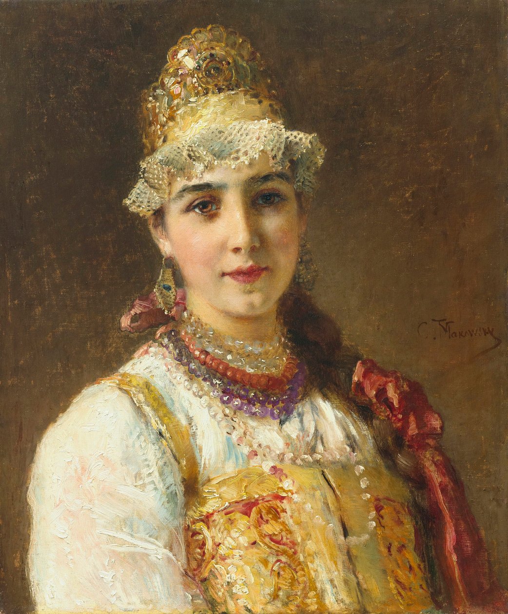 Portrett av en guttekvinne (brett, boiar): hun er kledd i en sarafankjole og har en kokoshnik på hodet, en tradisjonell frisyre - Maleri av Konstantin Yegorovich Makovsky (Constantin Makovski) (1839-1915) av Konstantin Egorovich Makovsky