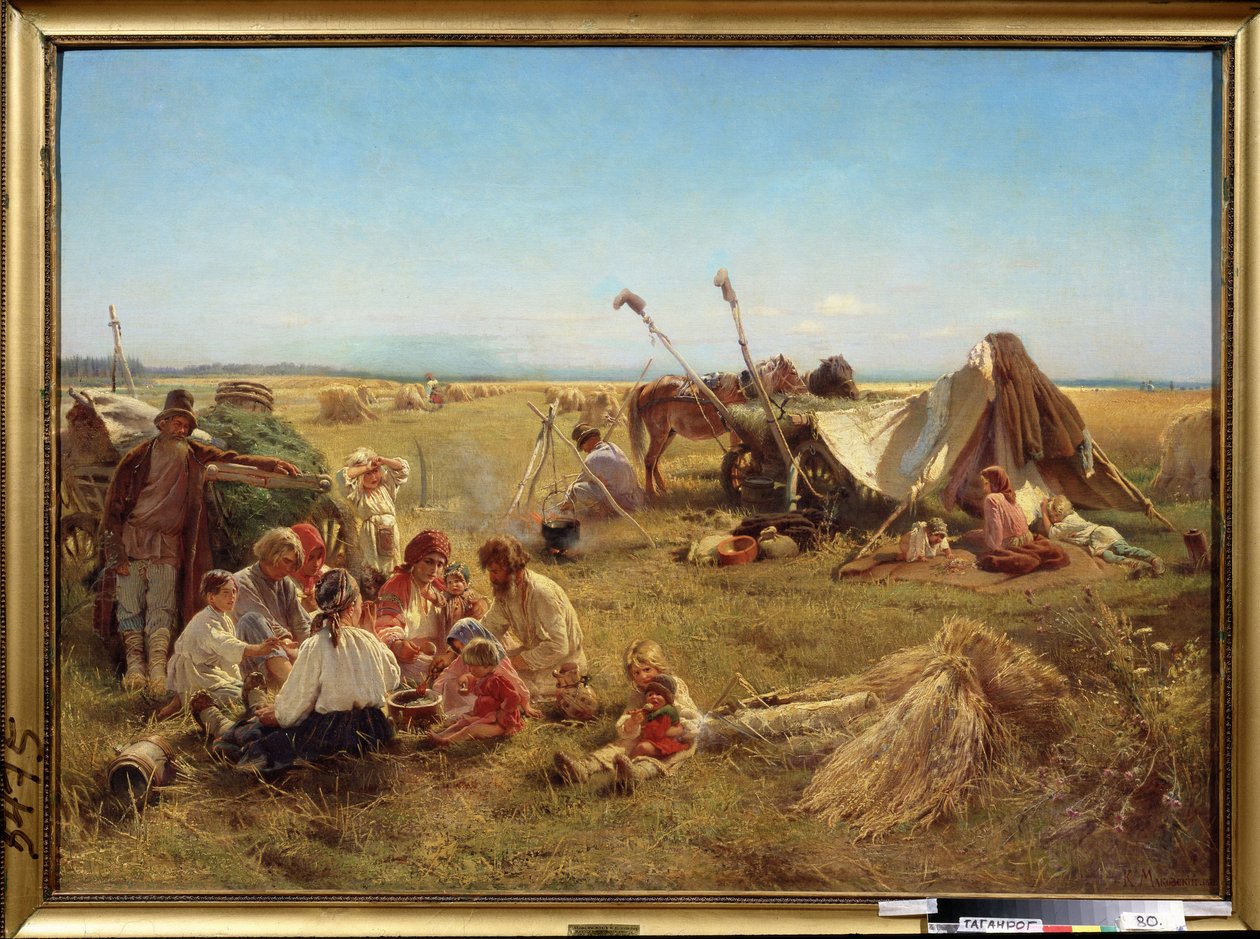 Måltider til bøndene i høstsesongen. (Et bondemåltid ved innhøstingstiden). Maleri av Konstantin Yegorovich Makovsky (Constantin Makovsky) (1839-1915), olje på lerret av Konstantin Egorovich Makovsky