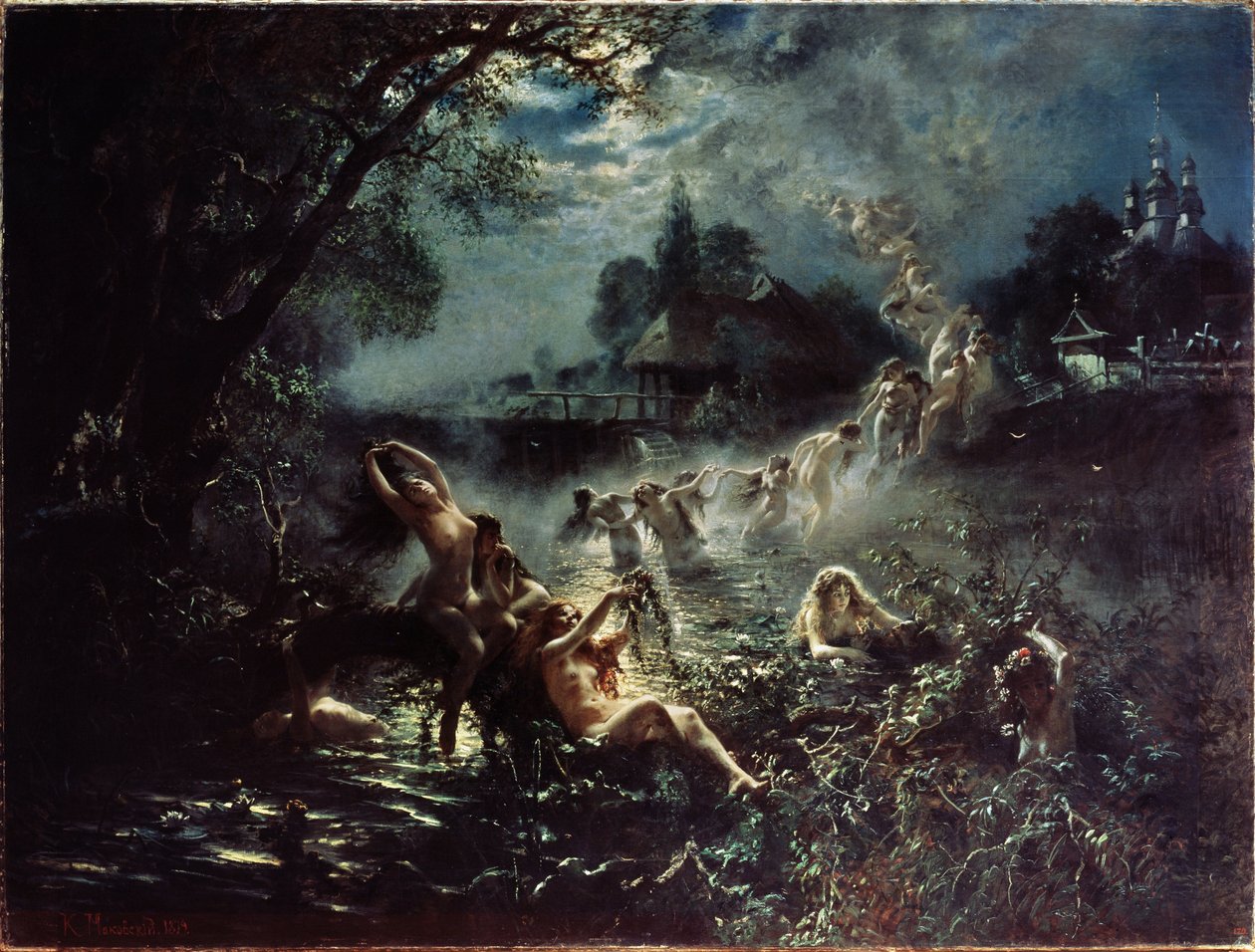 Havfruer (Havfruer). Om natten vever nakne kvinner kranser i en elv, og danner deretter en lenke ved å holde fast i hverandre og reise seg til himmelen før de blander seg inn i skyene. Maleri Konstantin Yegorovich Makovsky (Constantin Makov av Konstantin Egorovich Makovsky