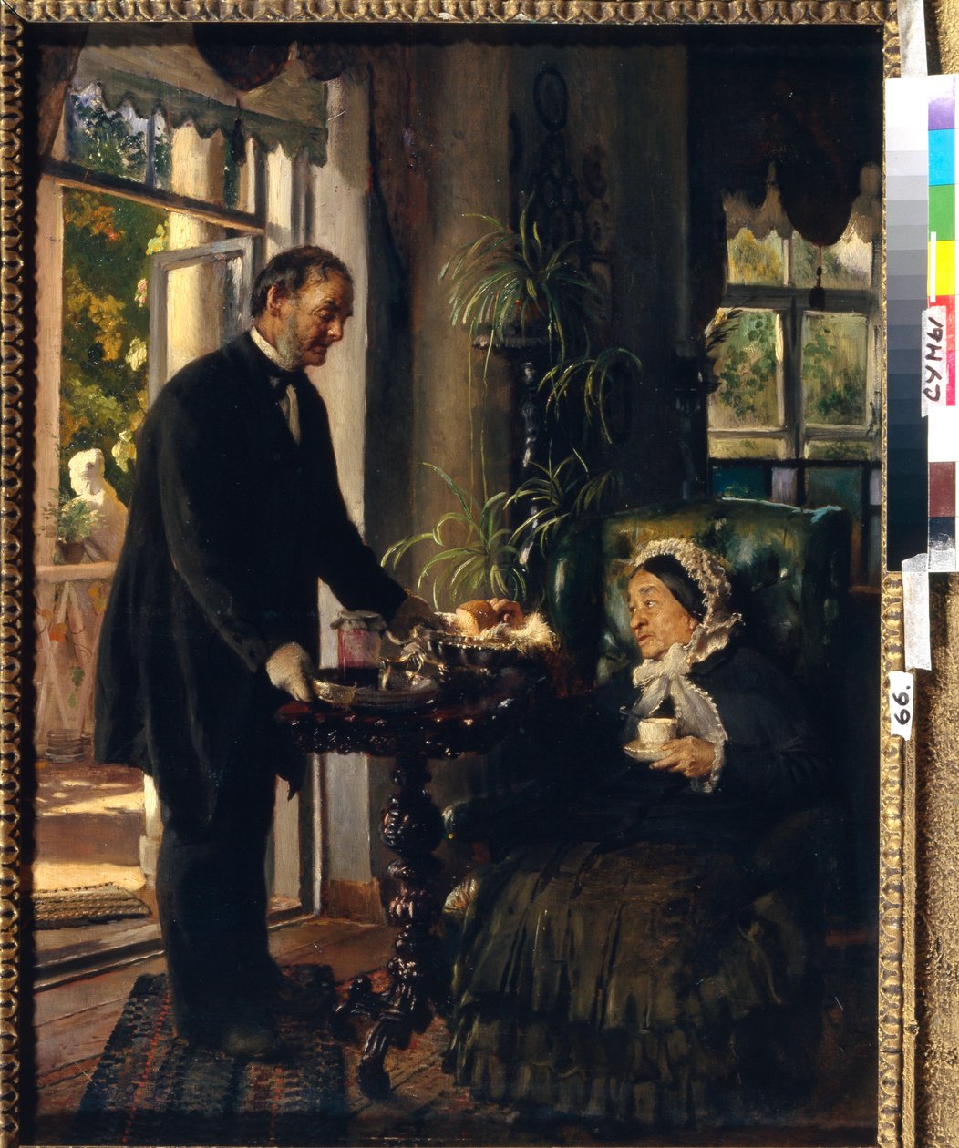 En herregård chatelaine. (En gammel dame tar te, servert av en tjener som gir henne brød og syltetøy). Maleri av Konstantin Yegorovich Makovsky (Constantin Makovsky) (1839-1915), olje på lerret av Konstantin Egorovich Makovsky