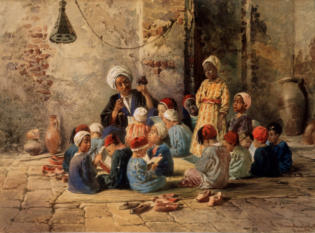 En skole i Kairo (Egypt). (En skole i Kairo). En lærer spør gutter i et klasserom, som er organisert på en matte på gulvet. En gutt står blant de andre, sitter og leser læreboken deres, matten er omgitt av sko av Konstantin Egorovich Makovsky