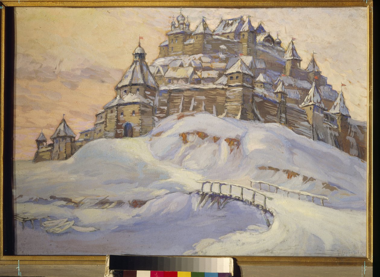 Gammel russisk festning. (Befestet treby, under snøen i Ukraina i middelalderen). Verk av Konstantin (Constantin) Ivanovich Gorbatov (1876-1945), tempera på tre, tidlig på 1900-tallet. Privat samling. av Konstantin Ivanovich Gorbatov
