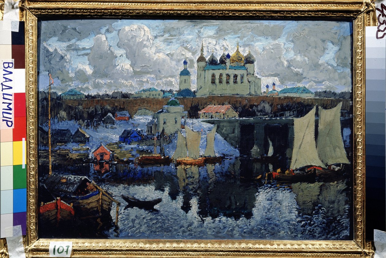 Broen ved Novgorod (Russland) (Novgorod, brygge). Maleri av Konstantin (Constantin) Ivanovich Gorbatov (1876-1945), olje på lerret av Konstantin Ivanovich Gorbatov