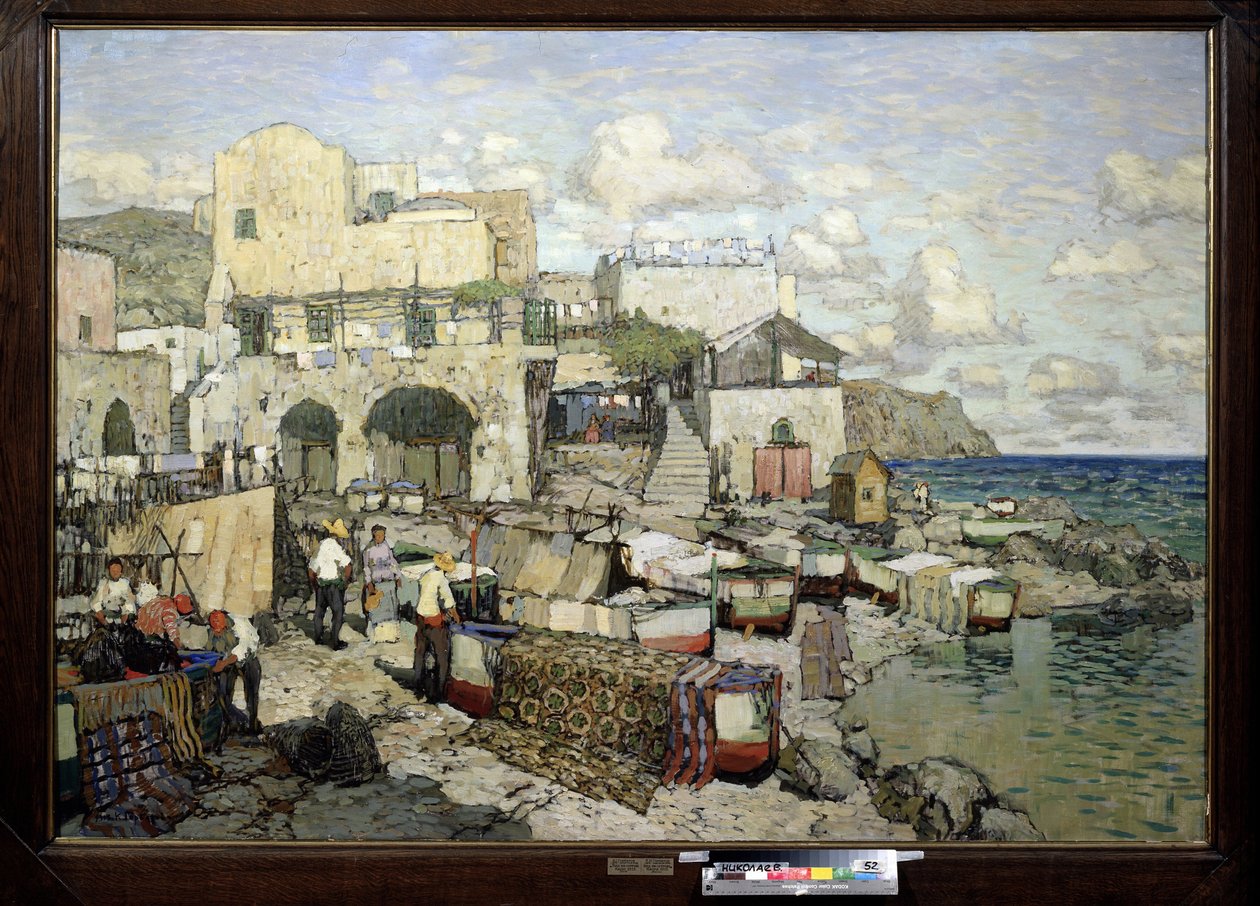 Utsikt over øya Capri (Italia). (Utsikt over Capri-øya). Maleri av Konstantin (Constantin) Ivanovich Gorbatov (1876-1945), olje på lerret. 20. århundre russisk kunst, realisme. Regionalt W. Wereshchagin kunstmuseum, Mykolaiv (eller Nikolaiev, Ukraina) av Konstantin Ivanovich Gorbatov