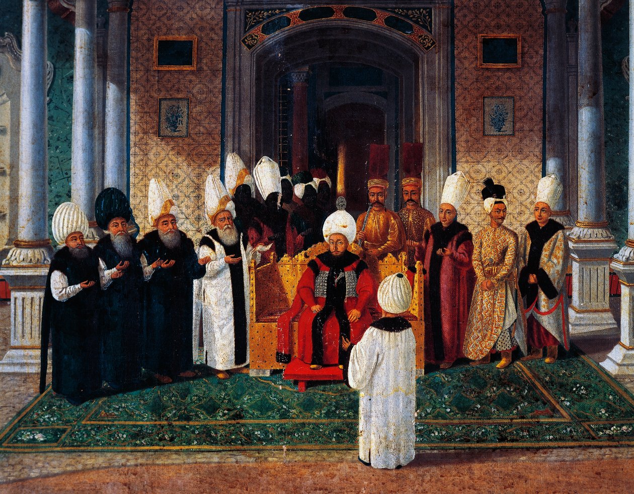 Selim III (1761-1808) mottar ærespersoner under baldakin av Gate of Felicity i Topkapi, detalj fra seremonien for Sultan Suleyman IIIs oppstigning til tronen, ca. 1789 (olje på lerret) av Konstantin Kapidagli