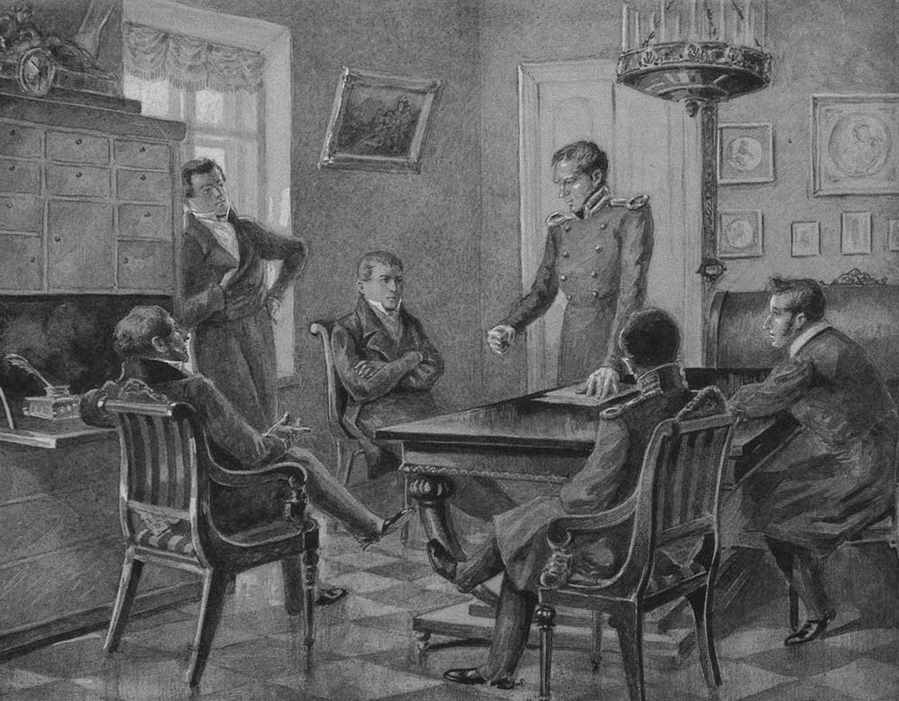 Pavel Pestel-tale på møtet til Northern Society of the Decembrists i Petersburg, 1936 av Konstantin Mikhailovich Goldstein