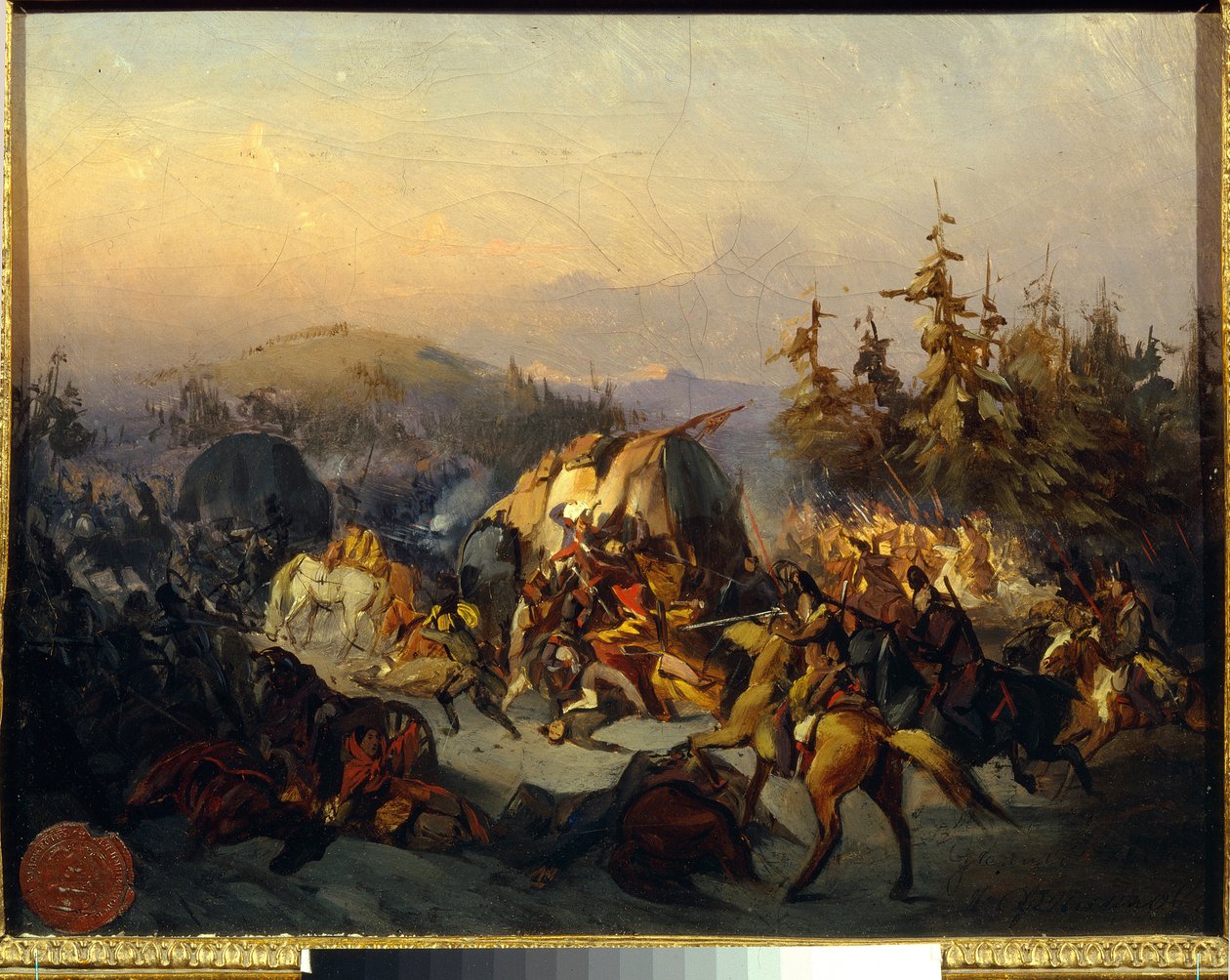 Russiske kosakker angriper franske tropper i transitt, episode av slaget ved Moskva (Borodino) i 1812 - Maleri av Konstantin Nikolayevich Filippov (1830-1878), olje på lerret, 30x38 cm - Russiske kosakker angriper franske tropper i transitt av Konstantin Nikolaevich Filippov
