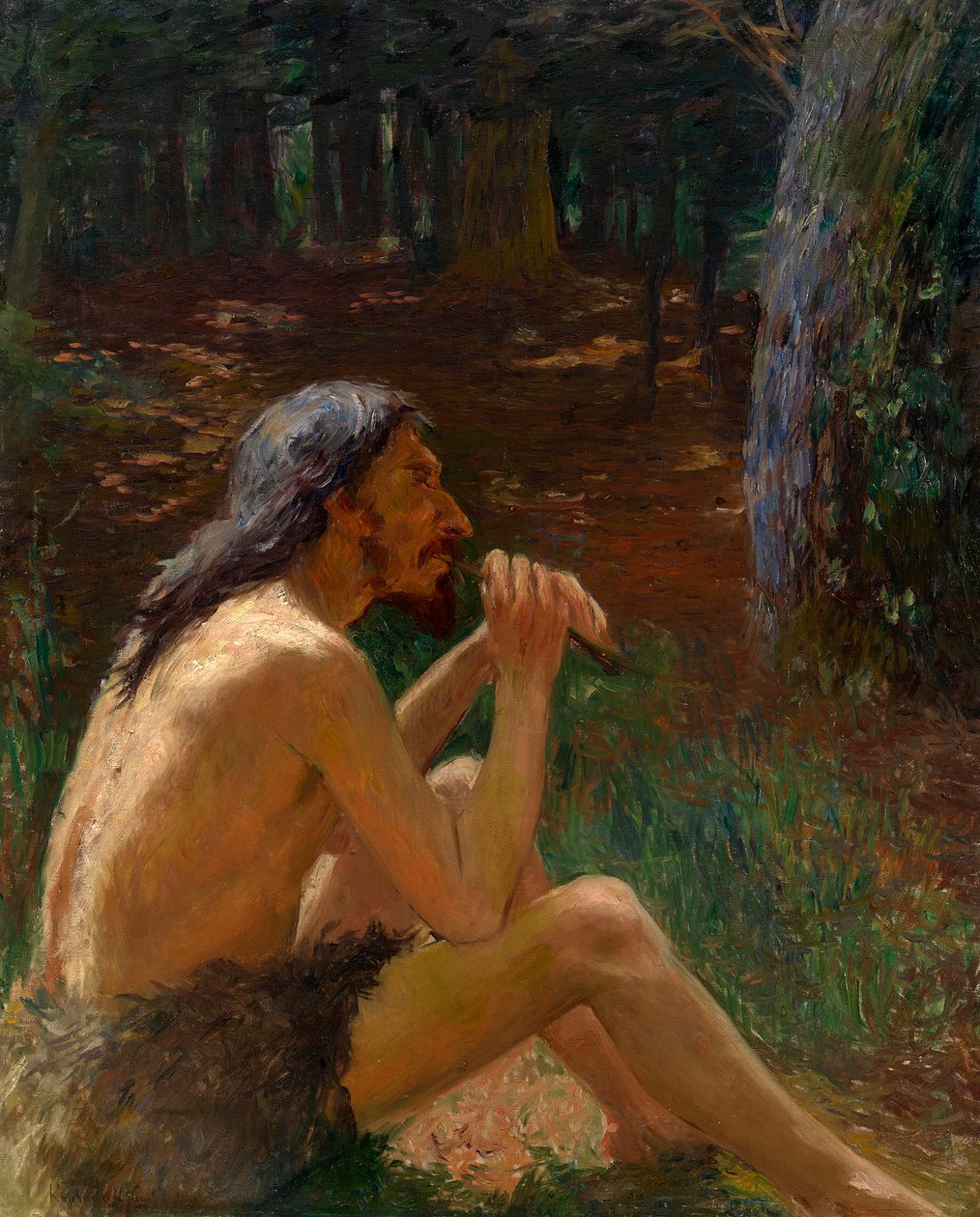 Caveman Playing the Flute - Maleri av Konstantin Pavlovich Kuznetsov (1863-1936), olje på lerret (95x77 cm), russisk kunst 1800- og 1900-tallet - Privat samling av Konstantin Pavlovich Kuznetsov