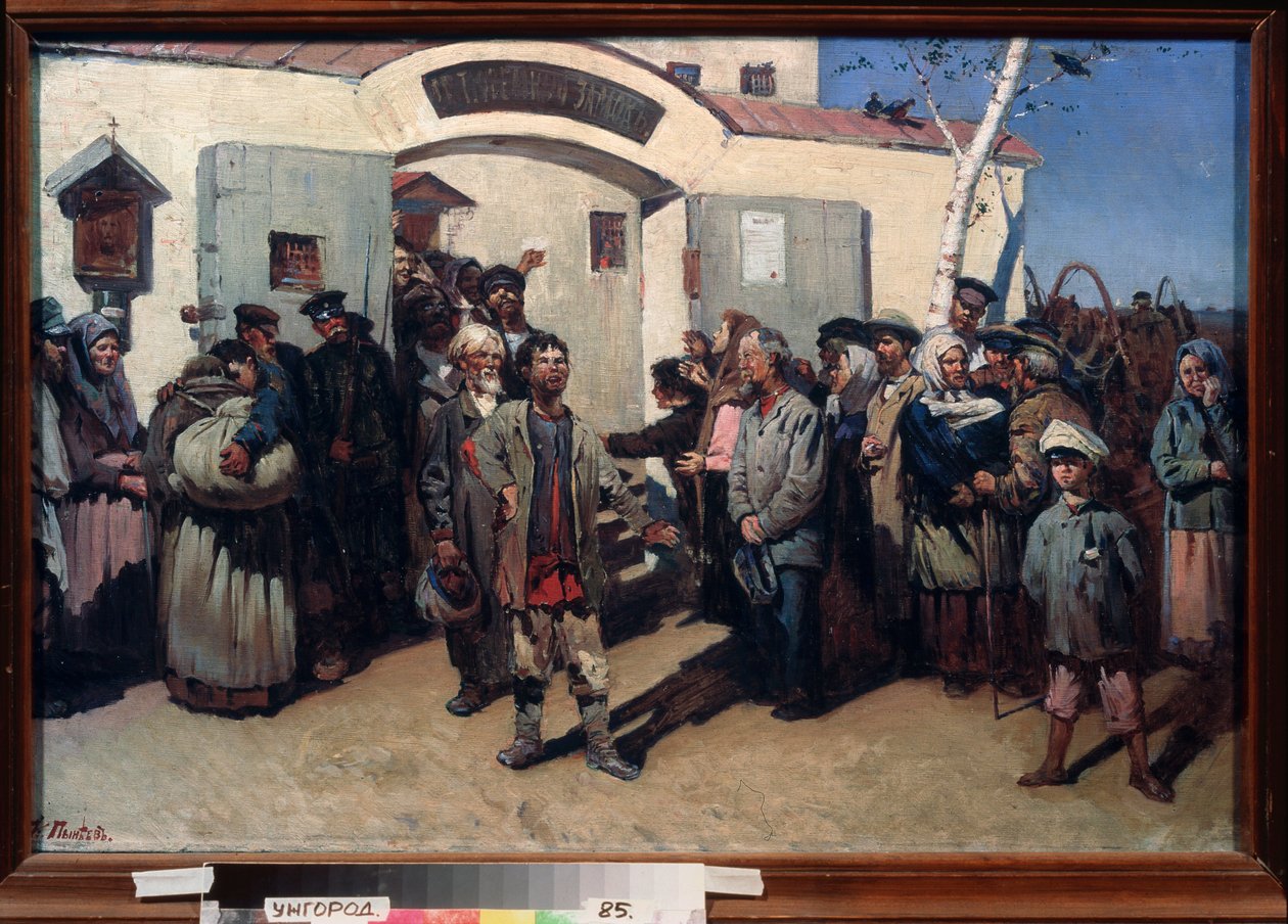 Tilbake til friheten. (Slipp løs fangene i en fengselsanstalt, øynene deres er festet mot himmelen og en beveget folkemengde venter på dem). Maleri av Konstantin Petrovich Pyneev (1868-1922), olje på lerret. russisk kunst av Konstantin Petrovich Pyneev