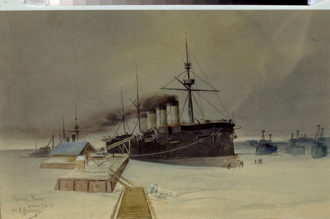 Den pansrede krysseren Rossia - Verk av Konstantin Vasilyevich Isenberg (1859-1911), akvarell på papp av Konstantin Vasilyevich Isenberg