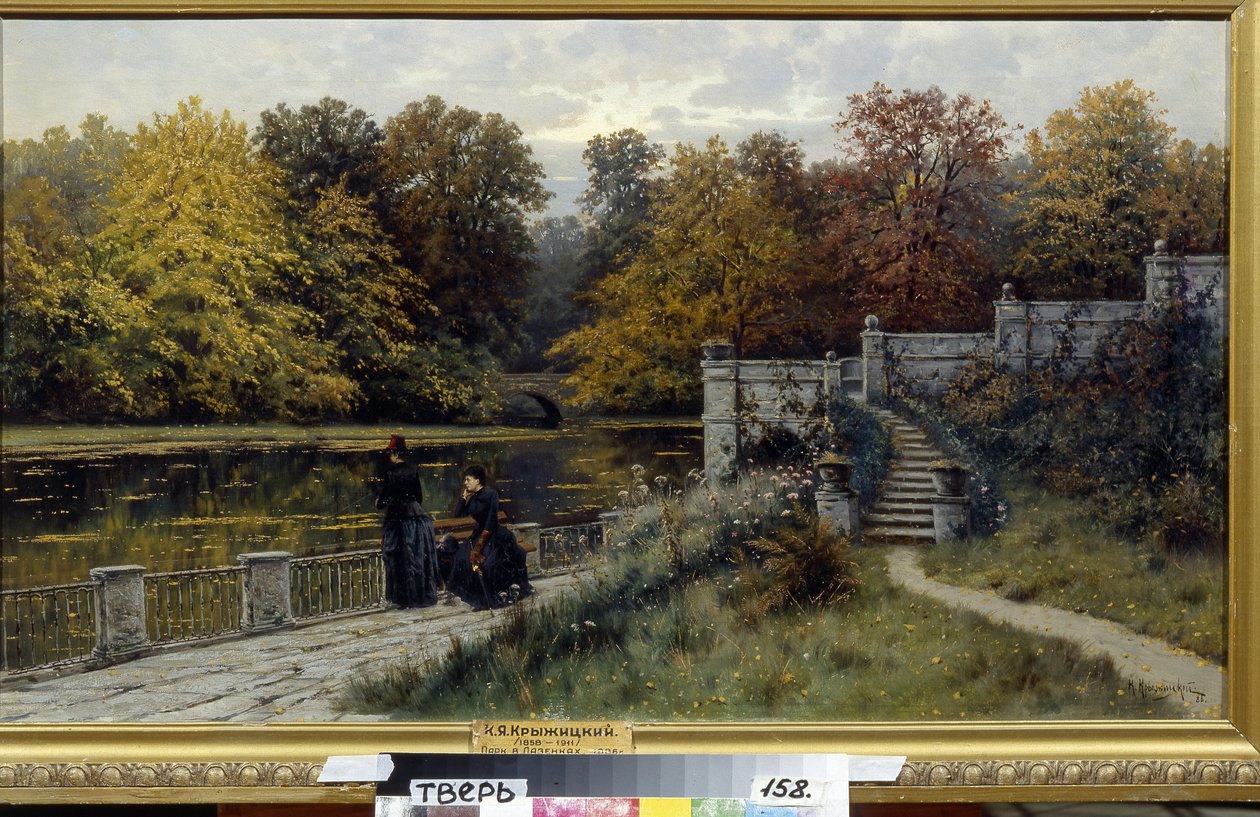 Lazienki-parken (Warszawa, Polen). Maleri av Konstantin Yakovlevich Kryzhitsky (1858-1911), olje på lerret av Konstantin Yakovlevich Kryzhitsky